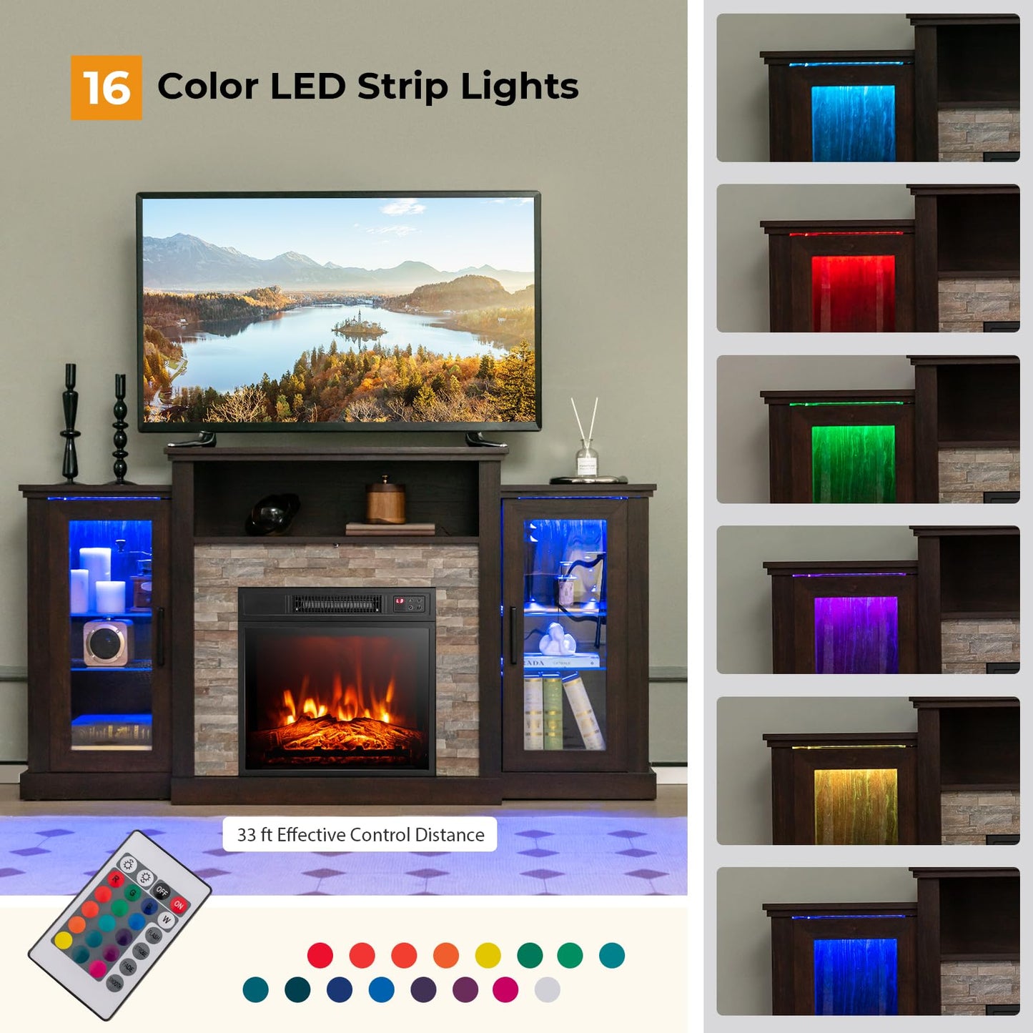 Tangkula Electric Fireplace TV Stand, Electric Fireplace Mantel with 16-Color Led Lights, Adjustable Glass Shelves, Remote & Smart APP Control, TV Console for Living Room (Espresso)