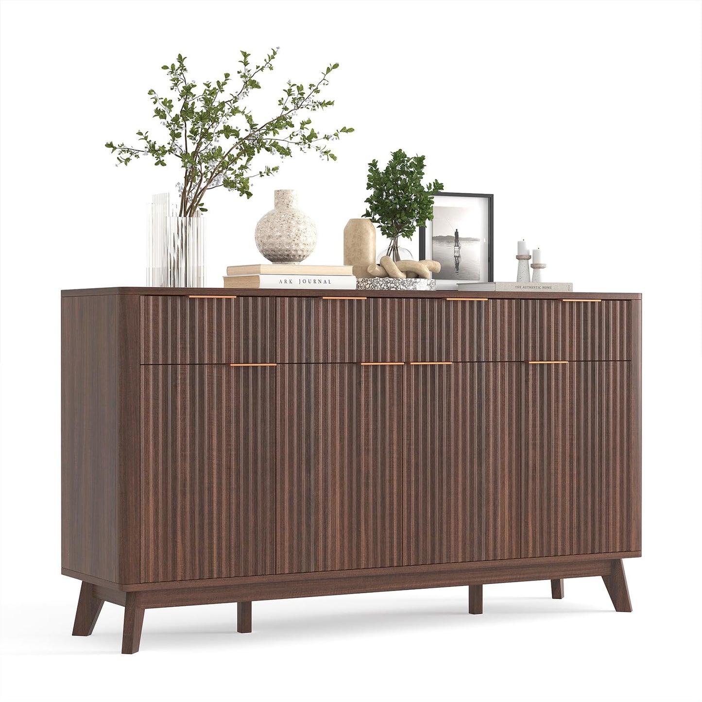 GarveeHome 60" Large Farmhouse Sideboard Buffet Cabinet with Storage Drawers & Adjustable Shelves, Wood Fluted Buffet Storage Cabinet & Coffee Bar Console Table for Living Room & Kitchen Dining Room