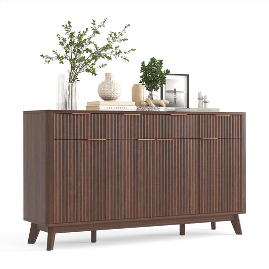 GarveeHome 60" Large Farmhouse Sideboard Buffet Cabinet with Storage Drawers & Adjustable Shelves, Wood Fluted Buffet Storage Cabinet & Coffee Bar Console Table for Living Room & Kitchen Dining Room