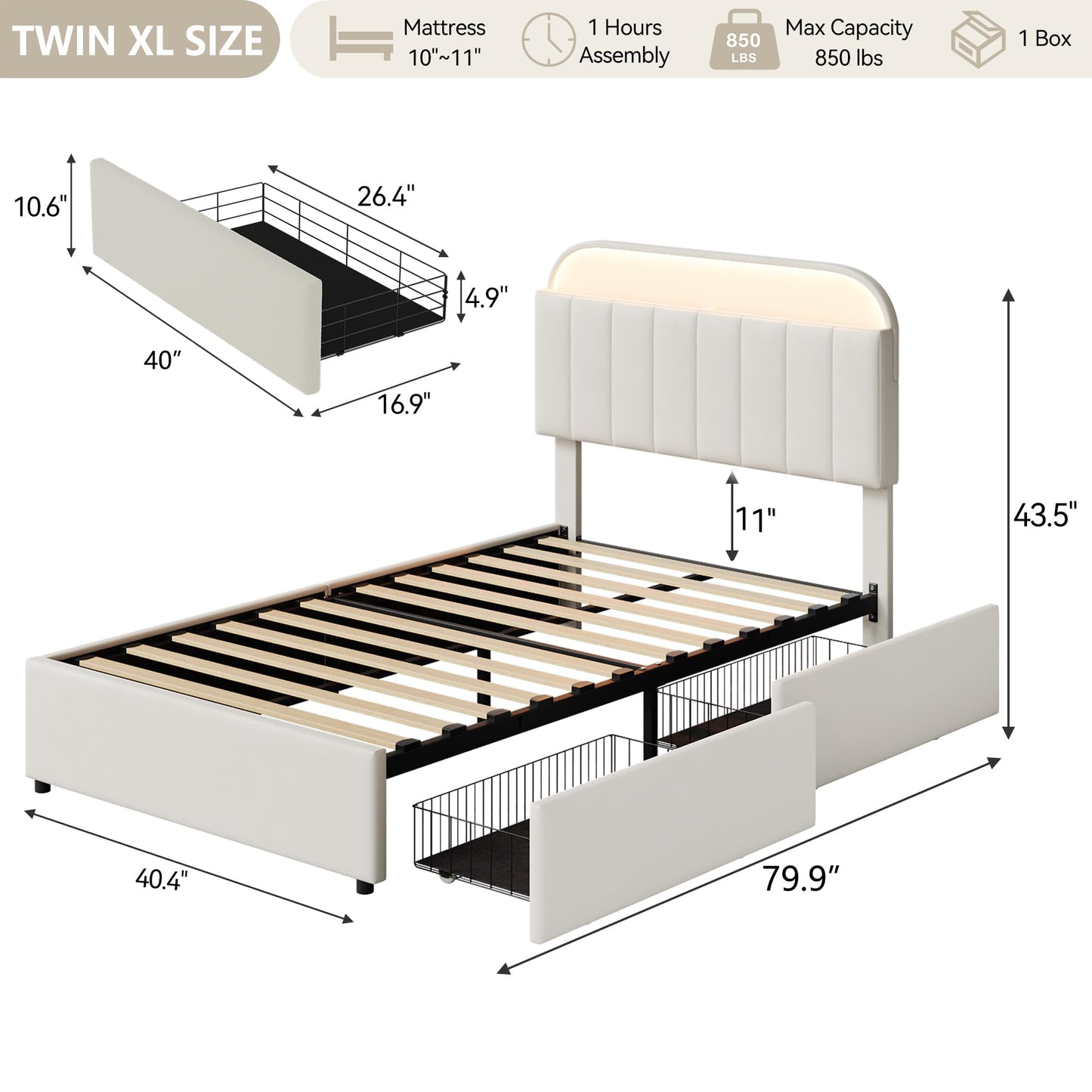 GarveeHome Twin XL Bed Frame with Storage Headboard, Kids Bed Frame with 2 Drawers, Velvet Upholstered Platform Bed Frame with Lights, No Box Spring Needed, Easy Assembly, Velvet White