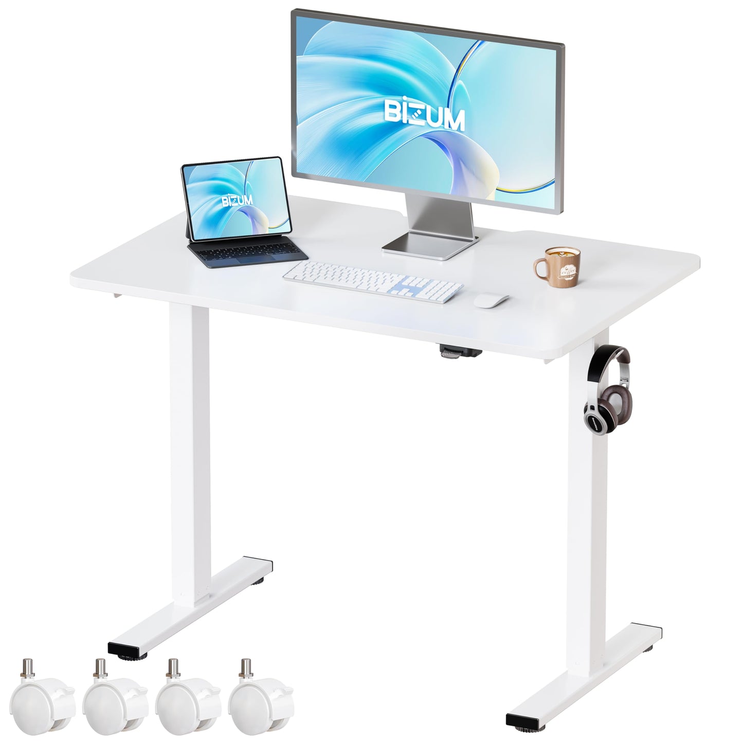 BIZUM 39.4" Small Electric Standing Desk Height Adjustable, Whole Piece Stand Up Computer Desk Work Study Writing Gaming Desks for Home Office White