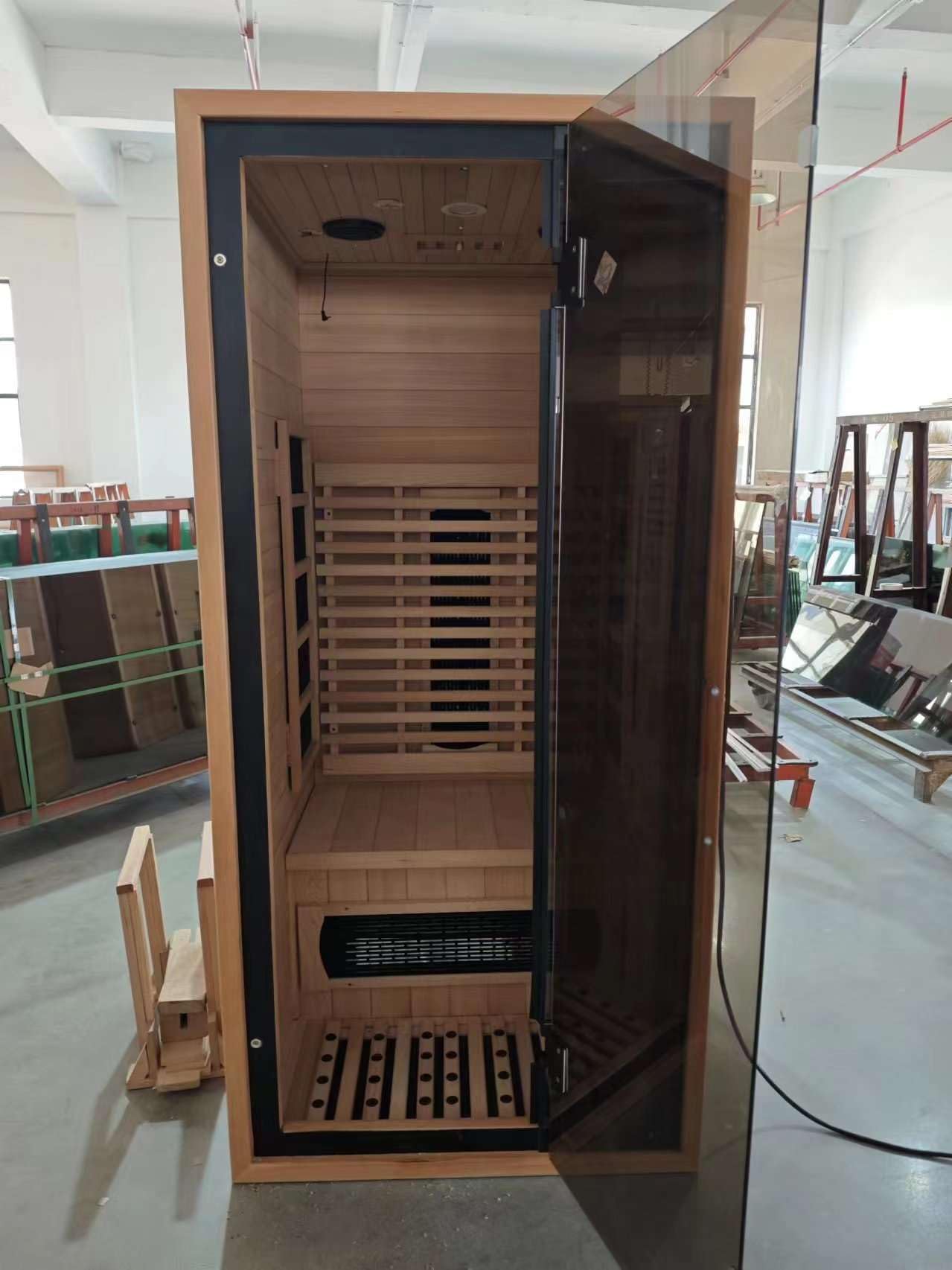 Modern Infrared Sauna with Glass Door, Wood Frame, LED Display, Carbon Fiber Heating Panel, Indoor Home Spa for Personal Use