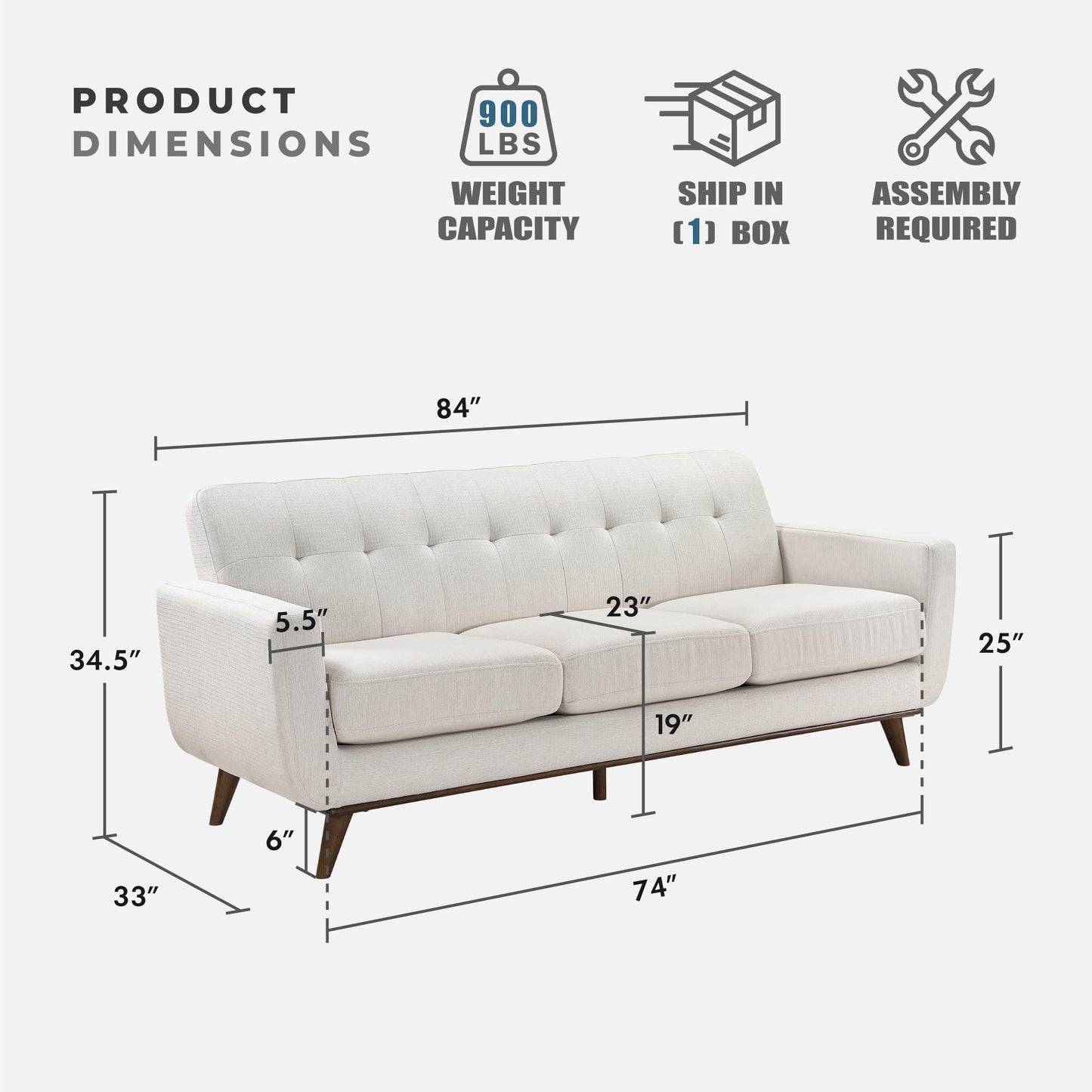 Lexicon Modern Accent Couch, Textured Fabric Upholstered Sofa with Brown Wood Legs, Track Arms, Tufted Couch Back, 3 Seater Sofa for Living Room/Office/Waiting Room, Beige