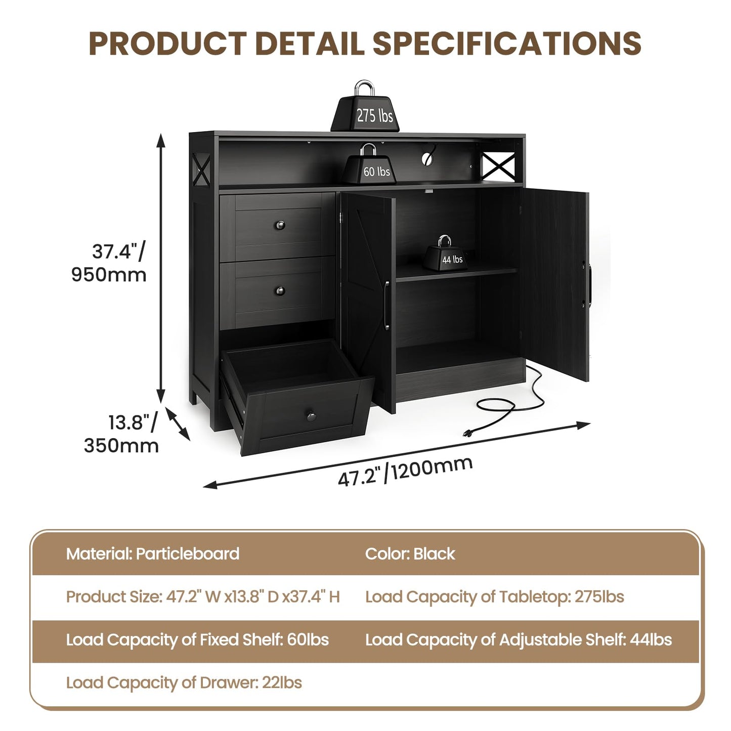 47" Antique Black Storage Cabinet with 2 Doors & 3 Drawers, Farmhouse Sideboard Buffet Cabinet with Adjustable Shelf & Built-in Power Outlet, Coffee Bar Station Table for Kitchen, Living Dining Room