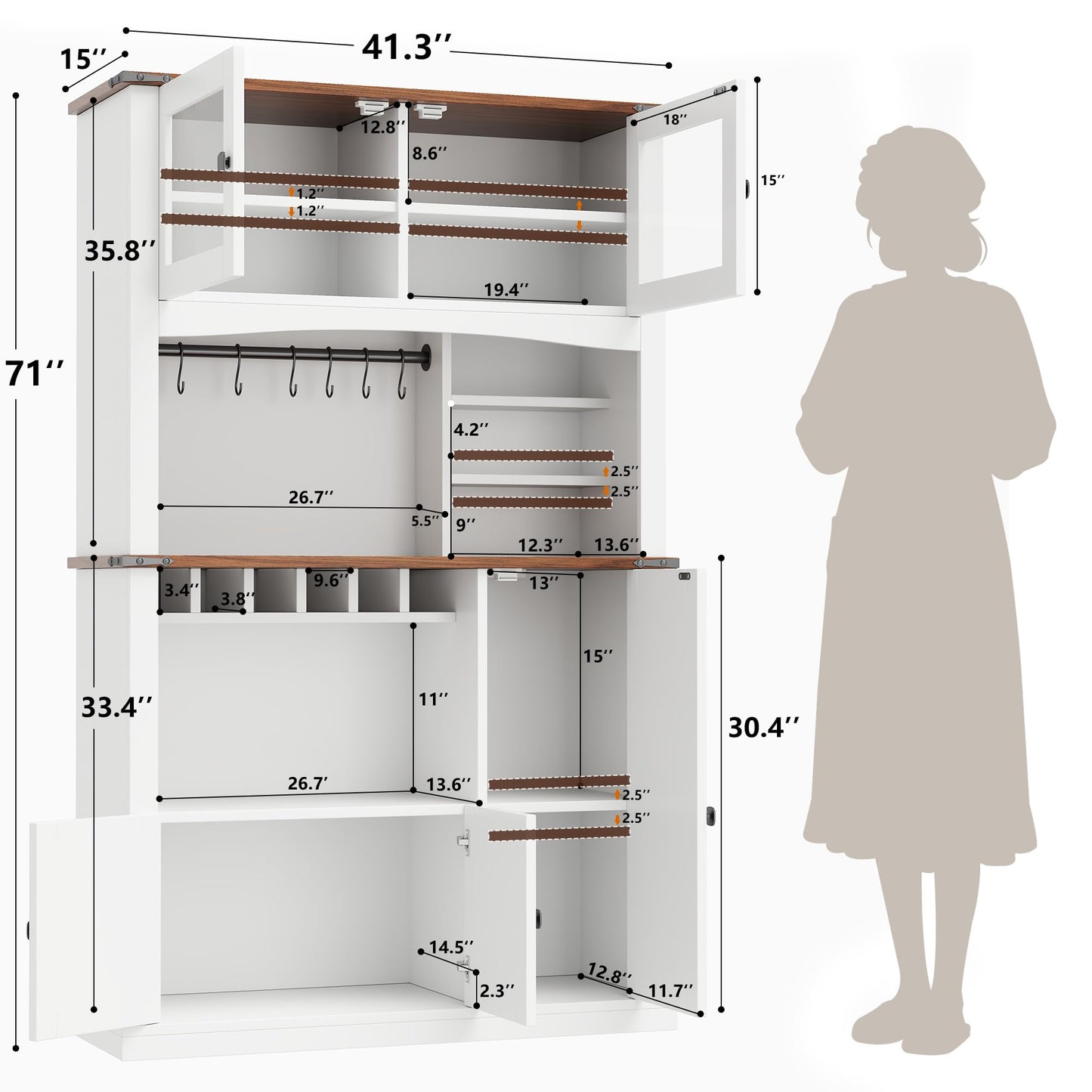 Einhomn 71" Tall Kitchen Pantry Cabinet with Charge Station, 3 Adjustable Shelves, Wine Rack and Glass Door, Kitchen Hutch for Dining Room, Kitchen and Living Room, White
