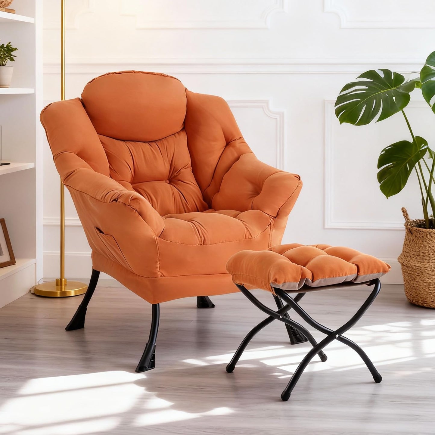Furlide Lazy Chair with Ottoman, Modern Accent Chair with Armrests and a Side Pocket, Orange Accent Chairs, Reading Chairs, Oversized Armchairs for Bedroom, Study, Living Room, Courtyard