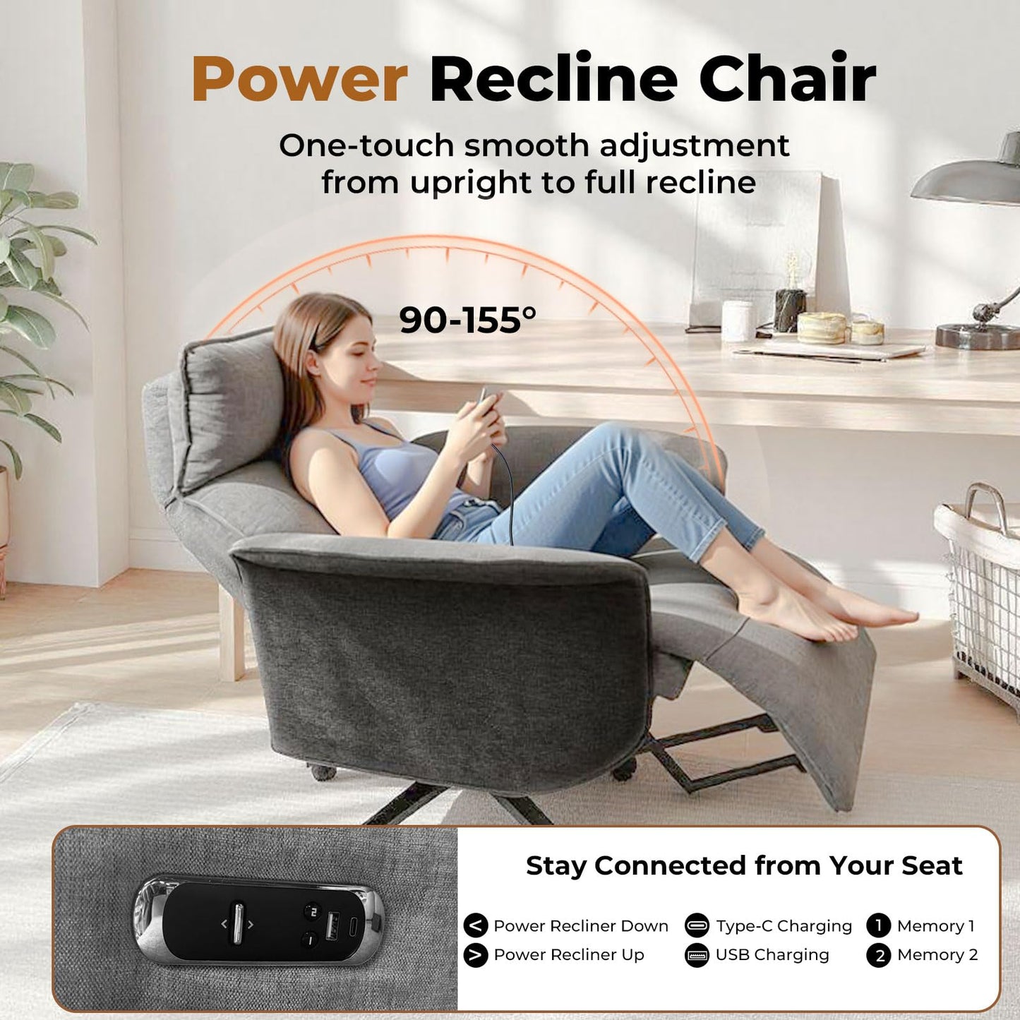 Liftsync Ergonomic Executive Recliner, Adjustable Electric Office Chair 90-155° with Footrest, 4-Position Headrest, 300LBS Heavy Duty, 2-in-1 Base Swivel Desk Chair w/USB, Grey & Black Chenille
