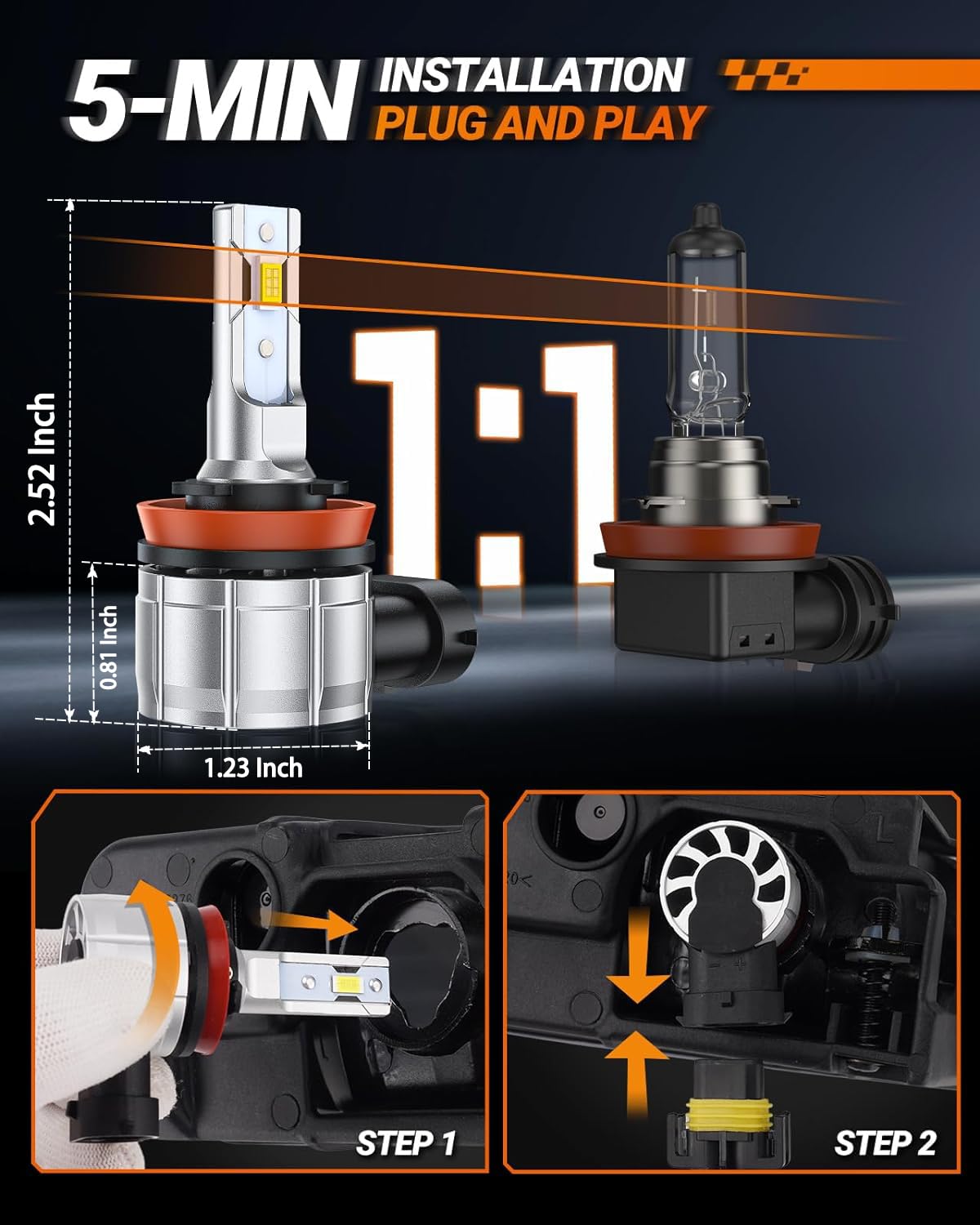 SEALIGHT H11 LED Fog Light Bulbs, 600% Brightness, 360? Illumination, Cool White 6500K, Model F4 H9, Pack of 2