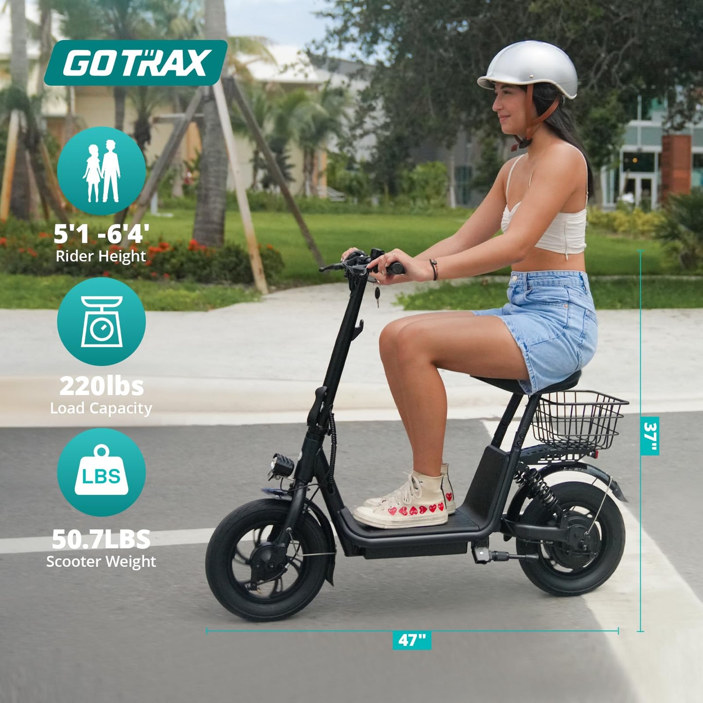 Gotrax A5 Electric Scooter w/Seat for Adults, 12" Pneumatic Tire, Max 15.5 Miles&15.5 Mph Power by 400W Motor, Dual Rear Shock Absorber&Dual Brake, Comfortable Wider Seat&Carry Basket& Hook, Black