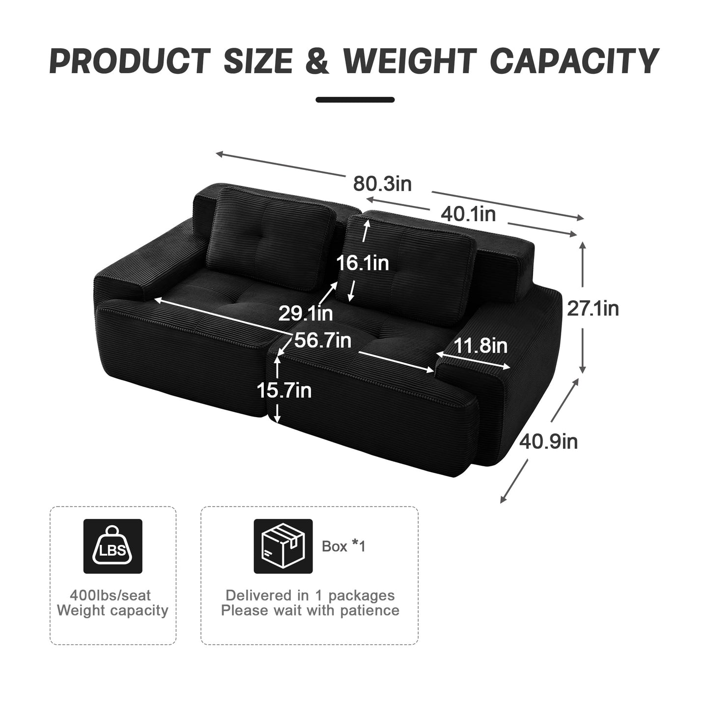 KEIKI 80" Oversized Corduroy Modular Sectional Loveseat Sofa with High-Density Foam Cushion & 2 Pillow, Upholstered Anti-slip Design 2-Seater Tufted Couch, No Assembly Required, for Living Room, Black