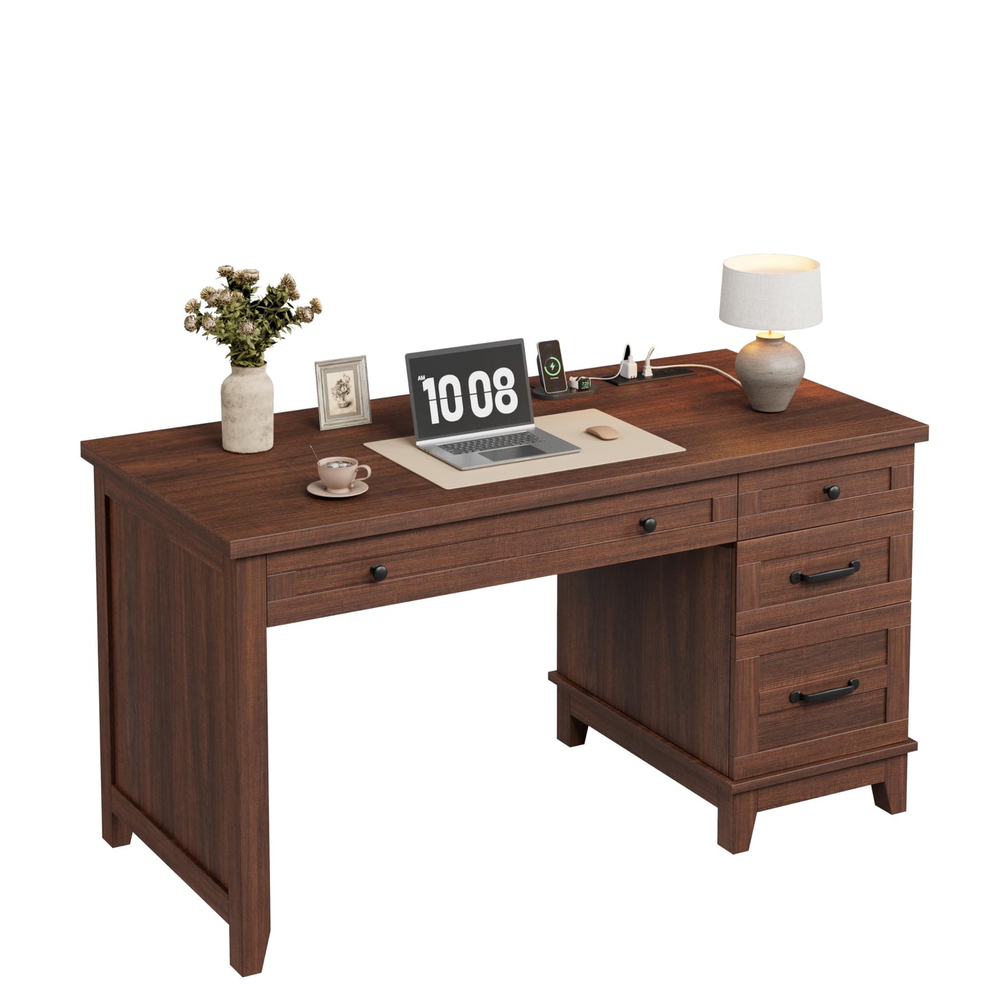 GarveeHome Executive Desk with Drawers, Farmhouse Home Office Desk with Charging Station, 53.54 in Wooden Computer Desk with File Cabinet Storage for Work Study Writing,Walunt Brown