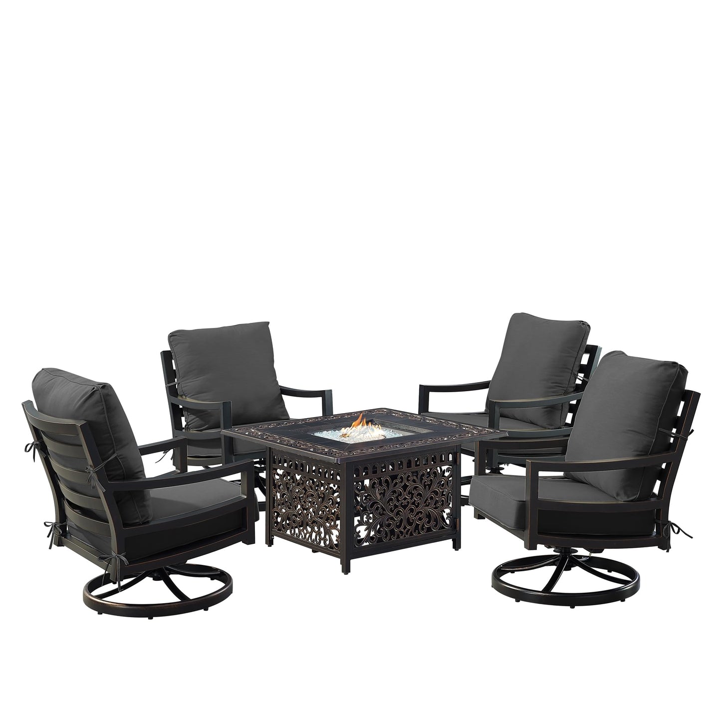 Oakland Living Black Aluminum Patio Fire Table Set with Four Club Chairs with Black Cushions