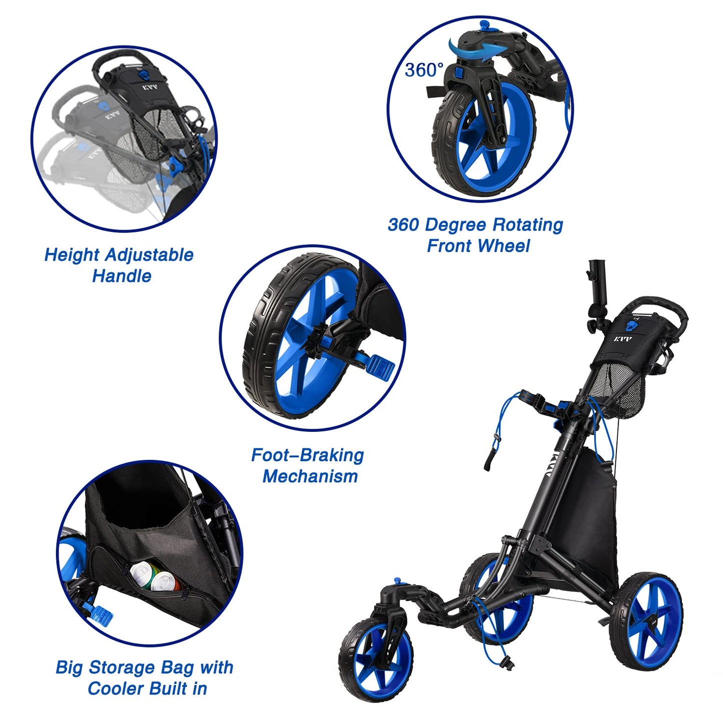 KVV 3 Wheel 360 Rotating Front Wheel Golf Push Cart Open and Close in ONE Second-Free Umbrella Holder Included(Black/Blue)