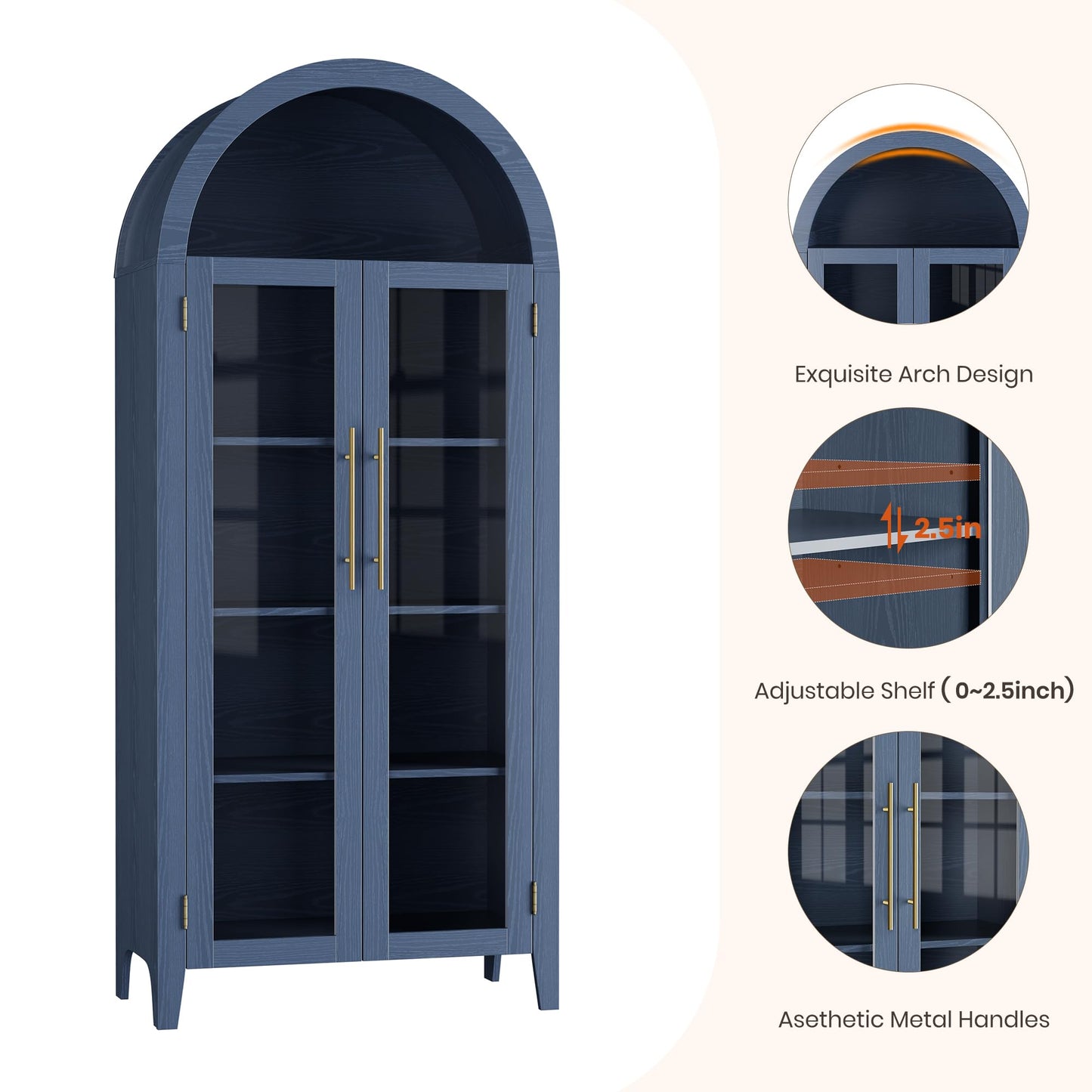 GarveeHome Arched Kitchen Pantry Cabinet - Farmhouse 5 Tier Display Shelf with Adjustable Shelf and 2 Large Glass Doors, Versatile Storage Cupboard for Kitchen, Dining Room, Living Room, Night Blue