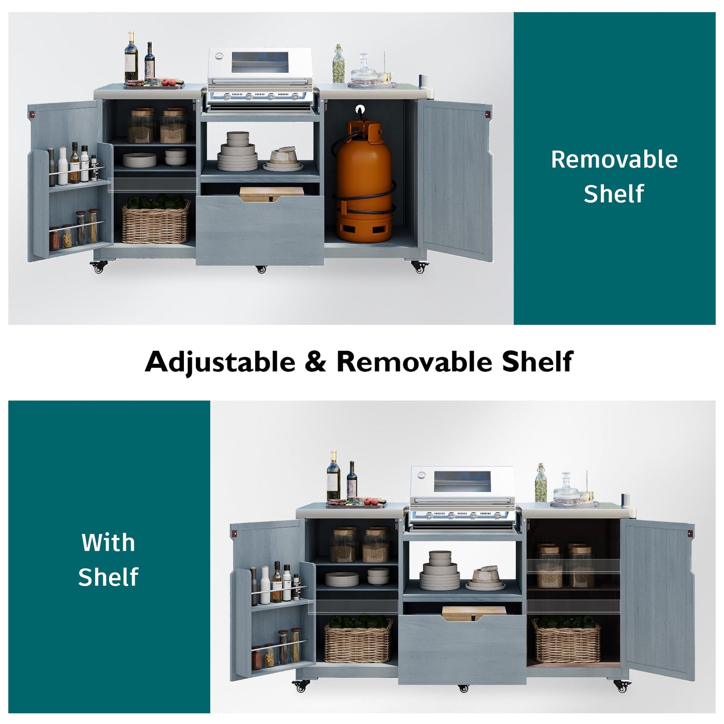 Trygoal 66.5" Outdoor Kitchen Island for Big Green Egg & Kamado Joe - 1380 sq in Heavy Duty Grill Cart with Stainless Steel Top - Solid Wood Rolling BBQ Prep Station with 6 Wheels & Storage, Grey Blue