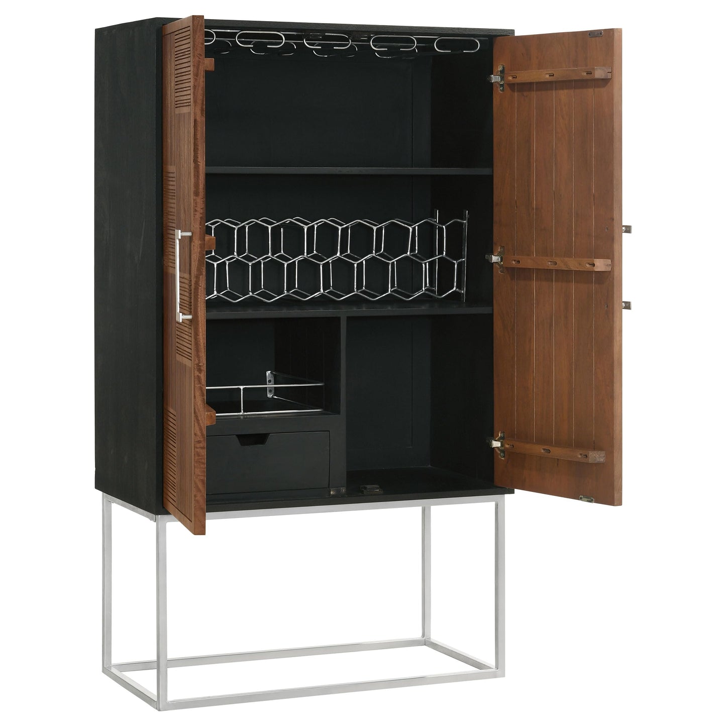 Coaster Home Furnishings - Borman - Wood and Metal - 2-Door Home Bar Cabinet with Wine Bottle Storage, Drawer, and Fixed Shelves - Dining Room & Living Room - 36-Inch - Walnut and Black - 950318