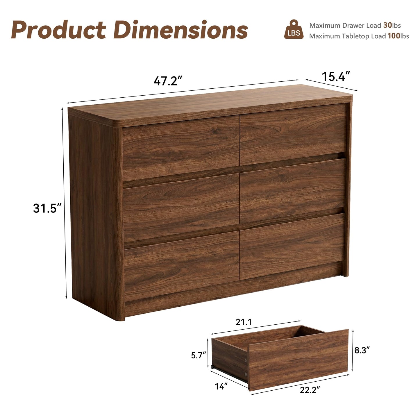 Now Mais 6 Drawer Walnut Dresser for Bedroom, 47.2" Wide Modern Chest of Drawers with 6 Large Storage Space with Curved Edge Design, Large Dresser for Bedroom,Walnut