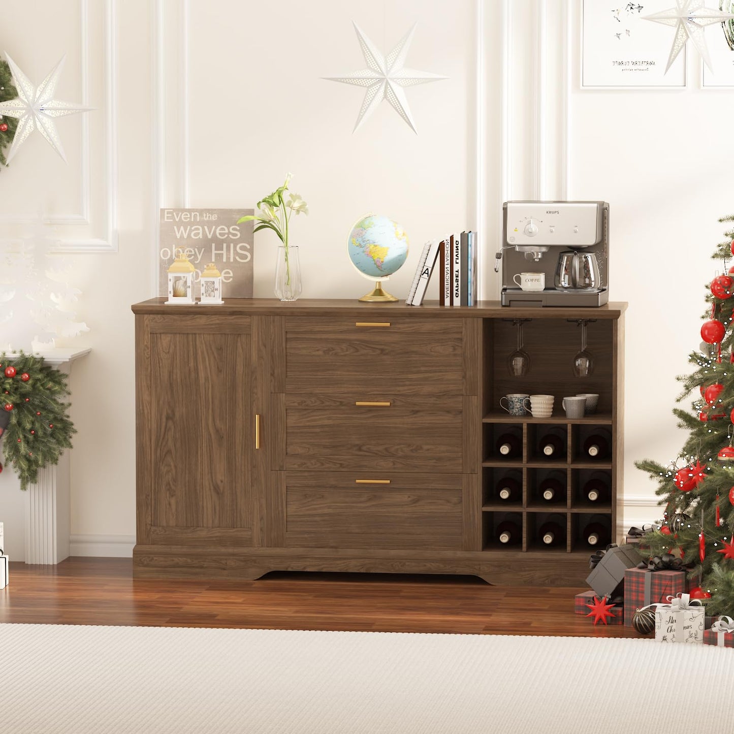 63 Inch Farmhouse Sideboard Buffet Cabinet with 3 Drawers & Wine Rack, Kitchen Coffee Bar with Adjustable Shelves & Door, Versatile Storage Console for Kitchen, Entryway & Dining Room Rustic Walnut