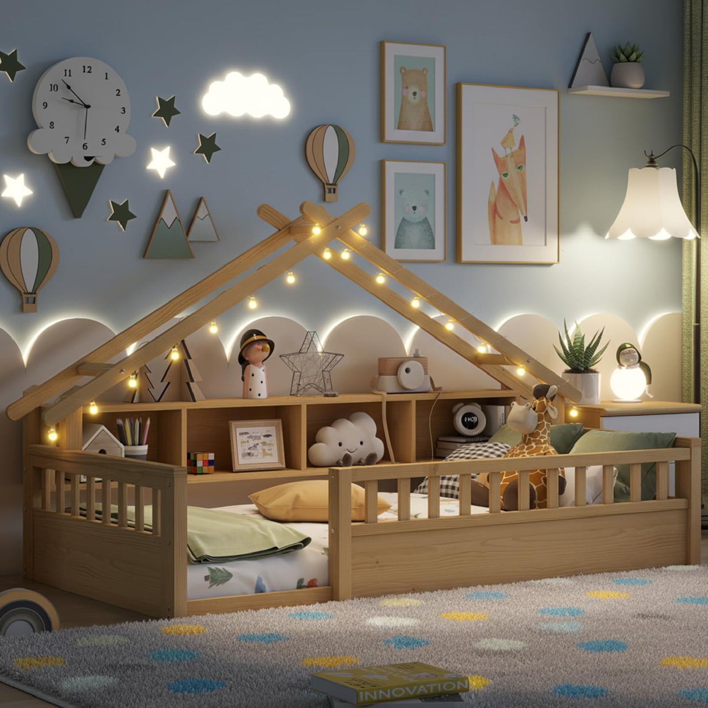 KEIKI Twin House Shaped Floor Bed with Storage, Kids Montessori Platform Bed Frame with Light & Tall Rails, Solid Beds Frames for Boys Girls Bedroom, No Box Spring Needed, Easy Assembly, Natural