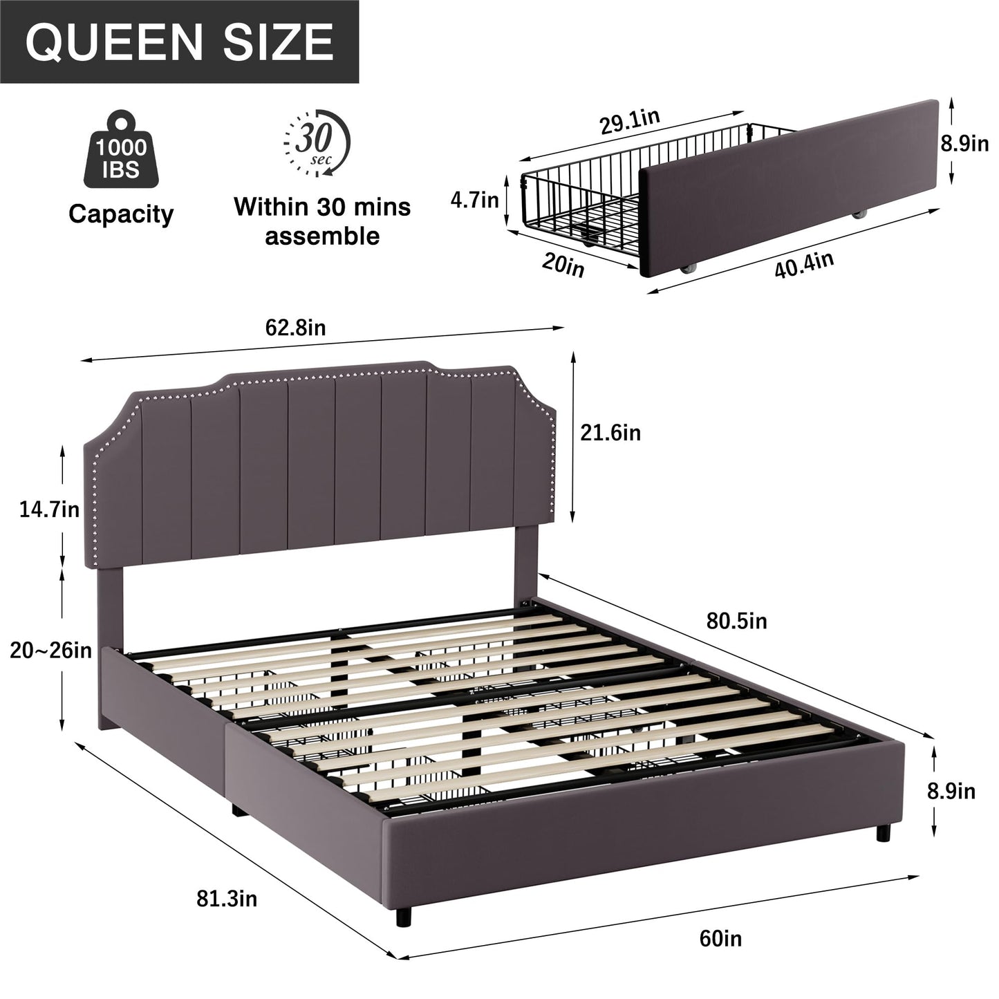 VECELO Queen Velvet Upholstered Platform Bed Frame with 4 Rollers Storage Drawers,Queen Size Bed with Tufted Height Adjustable Headboard,Wooden Slats/No Box Spring Needed/Easy Assembly