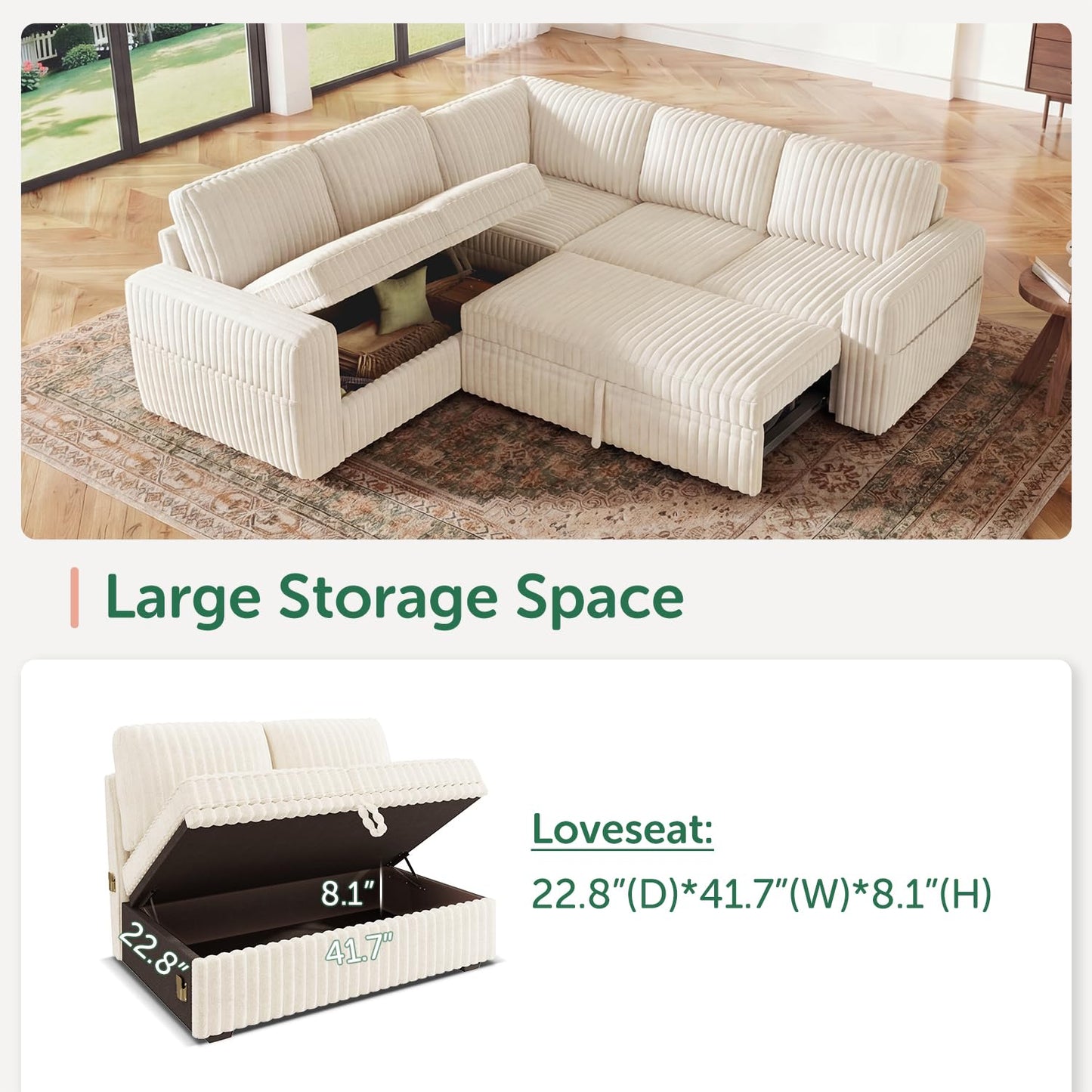 HONBAY Modular Sectional Sleeper Sofa with Pull Out Bed,Corduroy L Shaped Couch with Storage, Sectional Couches for Living Room,Beige