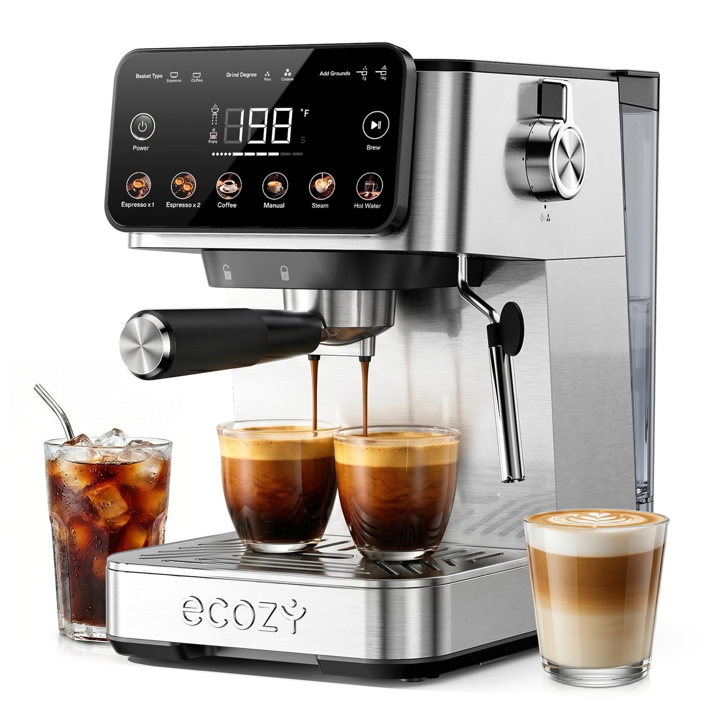 ecozy Espresso Machine & Coffee Maker Combo with Milk Frother, Guided Touchscreen Brewing, Create Café-Style Lattes, Cappuccinos & Americanos at Home, Smart Touchscreen, Stainless Steel