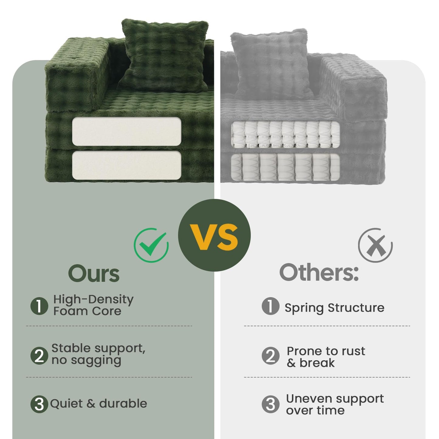 COMAX Futon Sofa Bed, 4‑in‑1 Convertible Sofa Bed, Folding Boneless Couches for Living Room, Fold Out Small Foldable Loveseat Floor Sleeper Comfy Mattress Lounge Space‑Saving, Classic Green