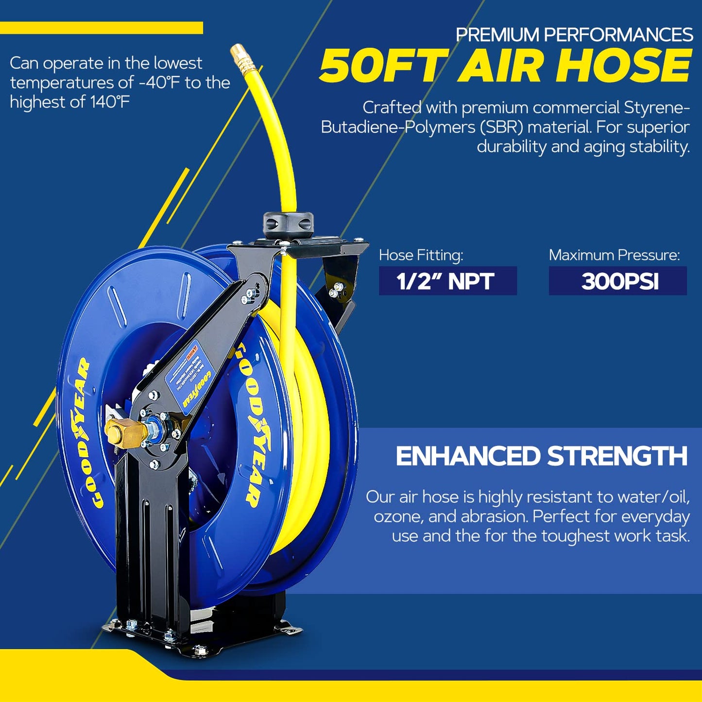 Goodyear Air Hose Reel Retractable 1/2" Inch x 50' Foot Long Premium Commercial Driven Sbr Hose Max 300 Psi Reinforced Steel Construction Heavy Duty Retractable Spring Industrial Dual Arm and Pedestal