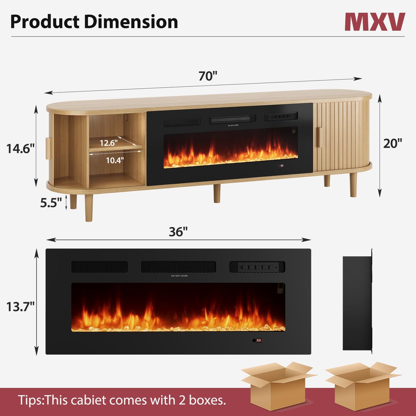 MXV 70″ Fluted Fireplace TV Stand, Mid Century Modern TV Stand with 36″ Fireplace for TVs Up to 80", Entertainment Center with Sliding Door & Solid Wood Legs, for Living Room, Oak