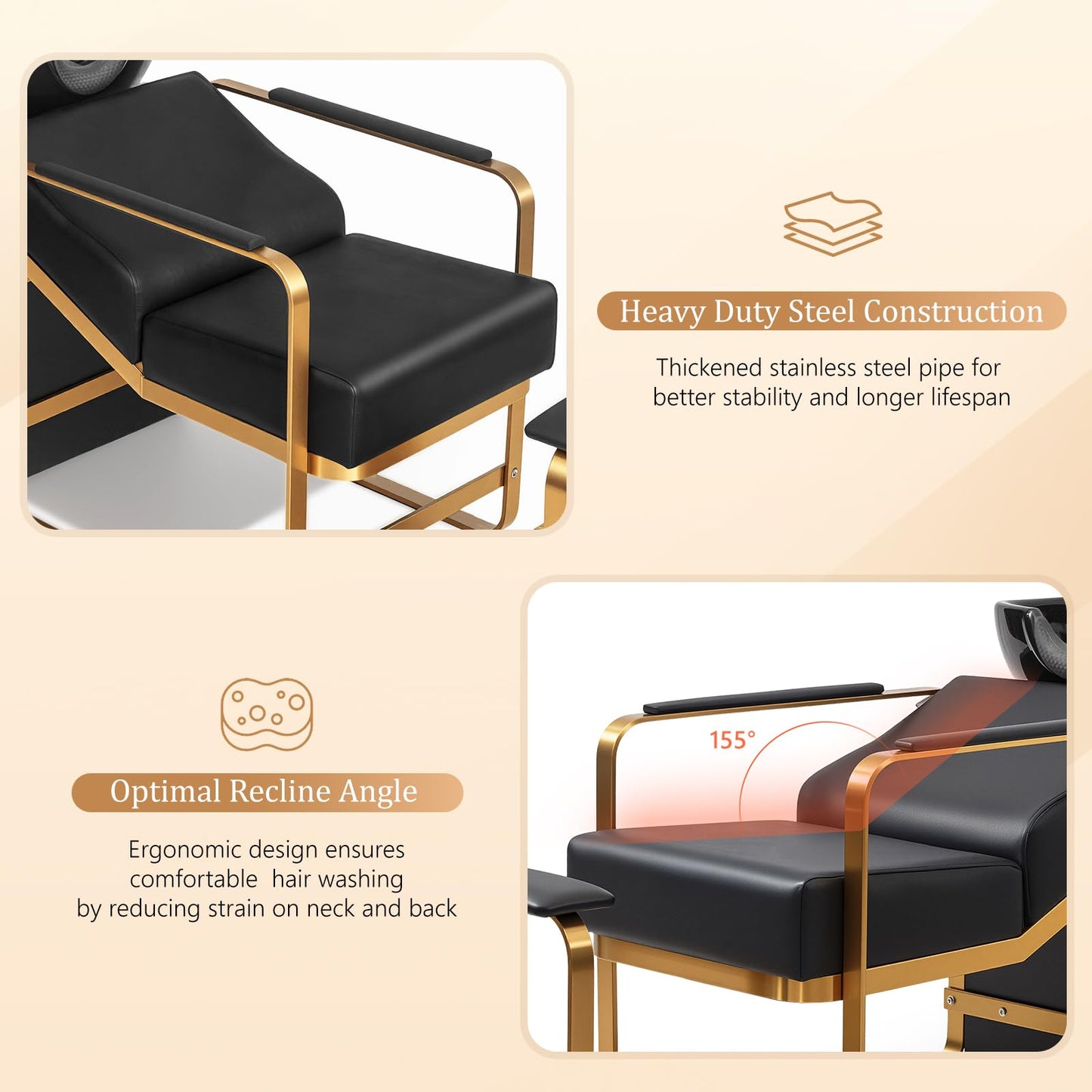OmySalon Shampoo Chairs for Salon, Stainless Steel Frame & UPC Certified Shampoo Bowl & Footrest, Hair Washing Station, Backwash Unit for Beauty Spa Barbershop, Black and Gold