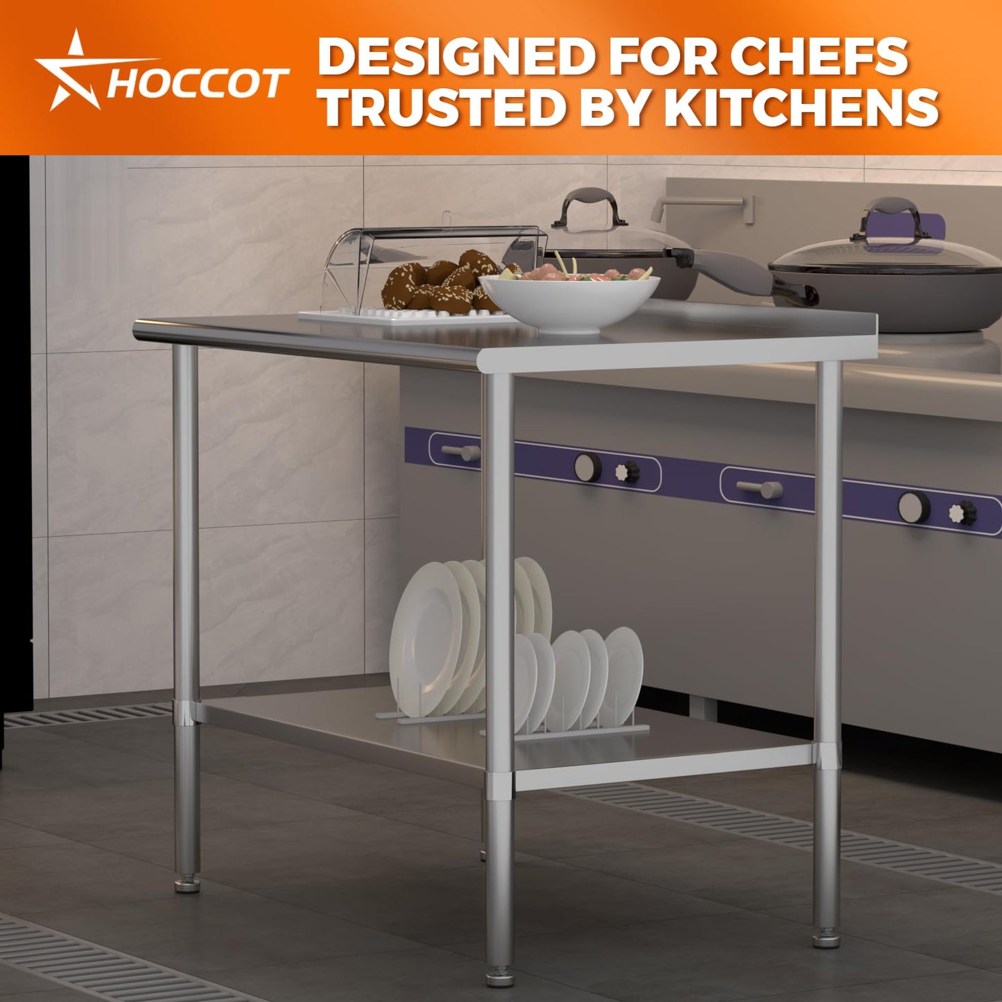 HOCCOT All Stainless Steel Work Table Heavy Duty Prep Table 30x48 Inch with Stainless Steel Undershelf Backsplash Replaceable Feet(Without Caster) Commercial Workstation for Restaurant Kitchen Outdoor