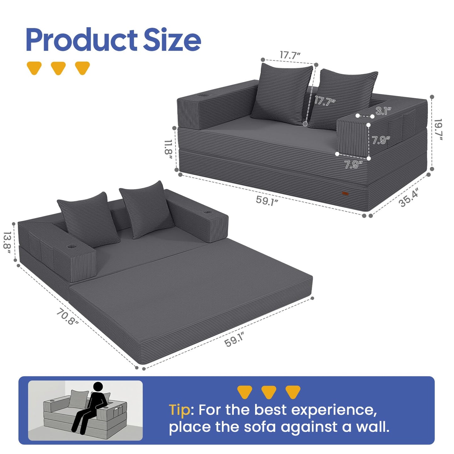 COMAX Futon Sofa Bed, 4‑in‑1 Convertible Sofa Bed, Folding Boneless Couches for Living Room, Fold Out Small Foldable Loveseat Floor Sleeper Comfy Mattress Lounge Space‑Saving, Grey