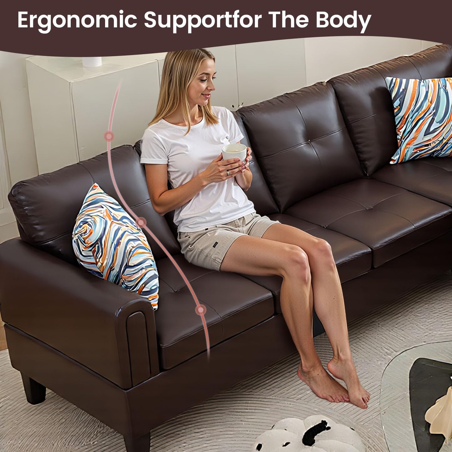 Trygoal L Shape Sectional Couch with Chaise, 97 Inch Modular Sofa with Ergonomic Reclined Backrest, Sectional Couches for Living Room, High-Density Foam, for Office and Small Apartment, Leather Brown