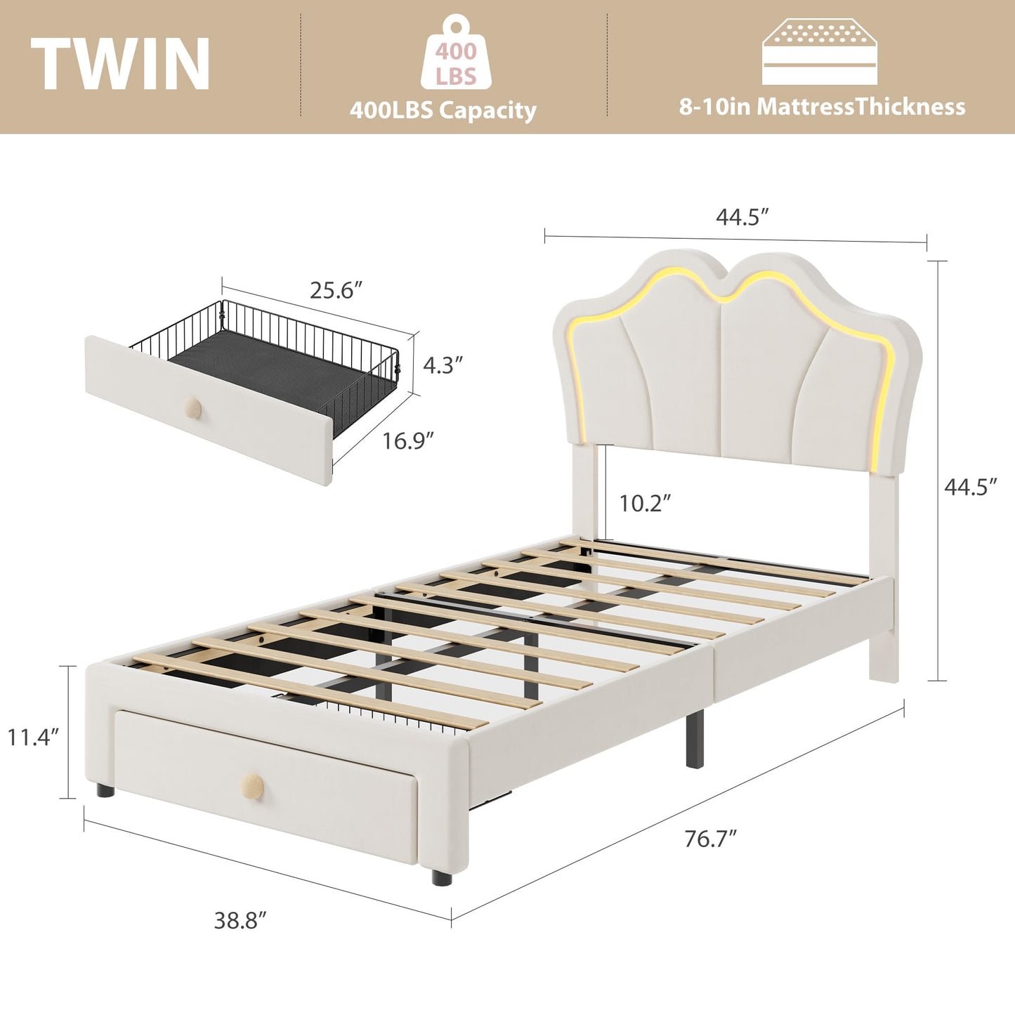 GarveeHome Twin Size Bed Frame with Storage Drawer, Velvet Upholstered Platform Bed Frame with Headboard & LED Light, No Box Spring Needed, Fits 8-10 in Mattress
