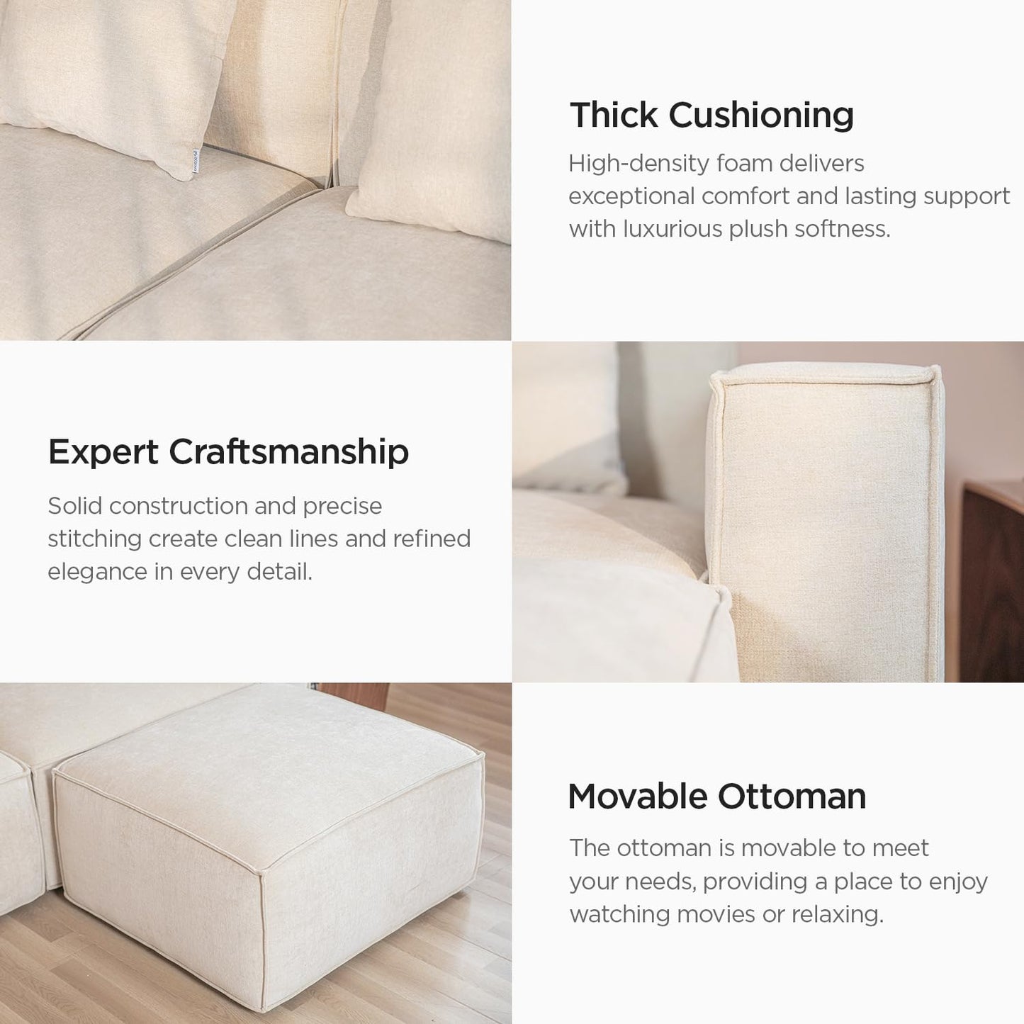 Acanva Luxury Modular Sectional Living Room Sofa Set, Modern Minimalist Style Couch with Ottoman and Chaise, L-Shape, Linen-Like Cream