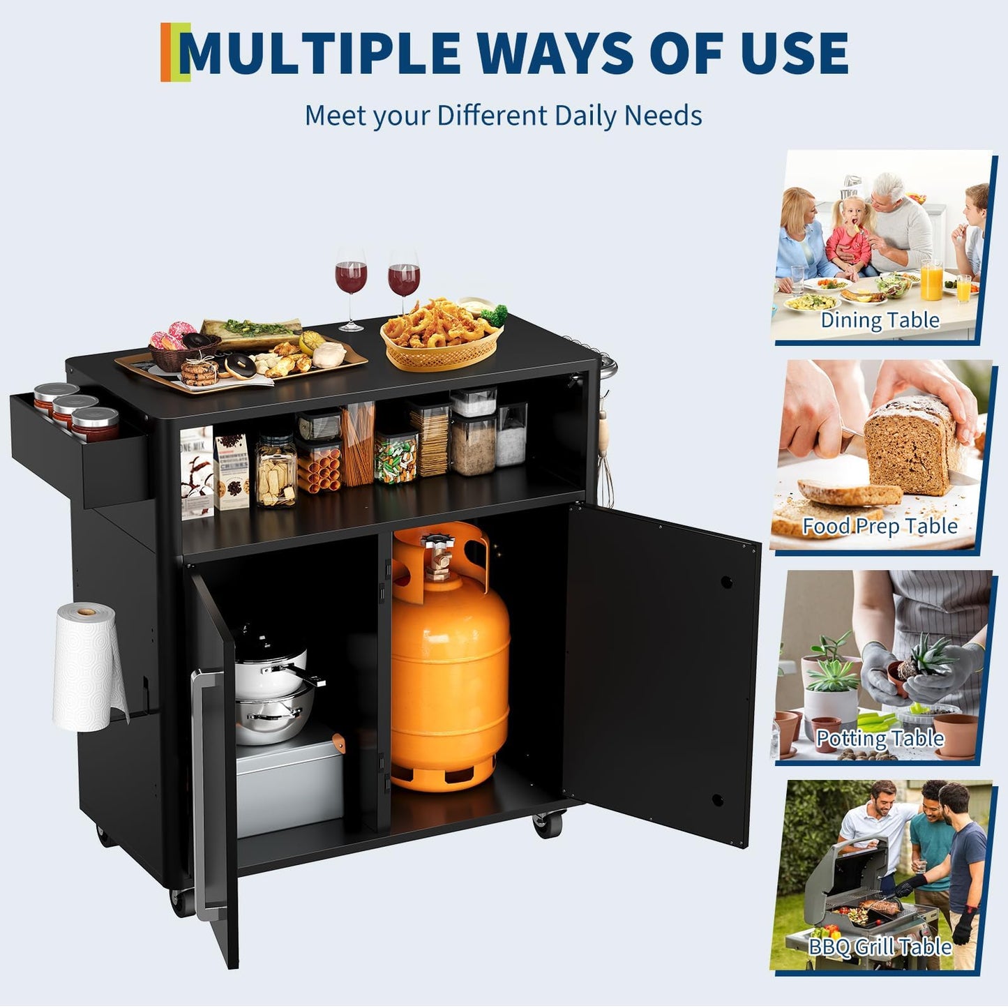 JoanKaren Outdoor Grill Cart with Storage, Heavy Duty BBQ Station with Lockable Wheels & Shelf, 1000 LB Capacity, Weather Resistant Outside Kitchen Island for Patio Garden Yard