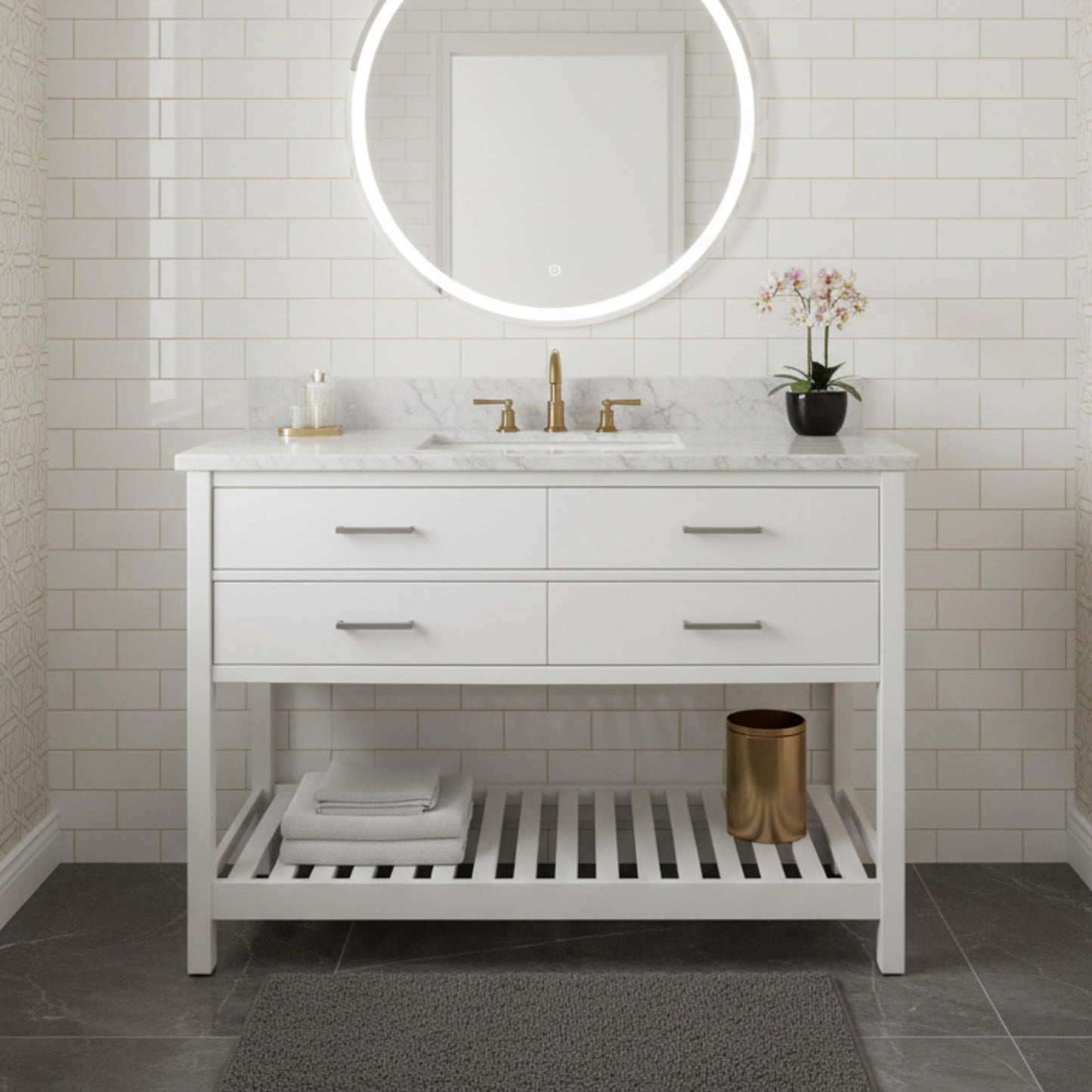 Harrison 48 in. W Vanity Cabinet Only, Bathroom Storage with Two Soft Close Drawers and Slatted Shelf, Nickel Hardware, Adjustable Height Levelers, Solid Pine Wood Construction, White