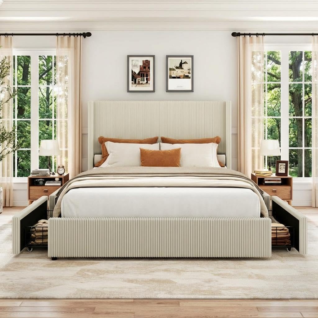 GAOMON King Bed Frame with 4 Storage Drawers, Corduroy Upholstered Platform King Size Bed Frame with Wingback Headboard, No Box Spring Needed, Easy Assembly, Beige