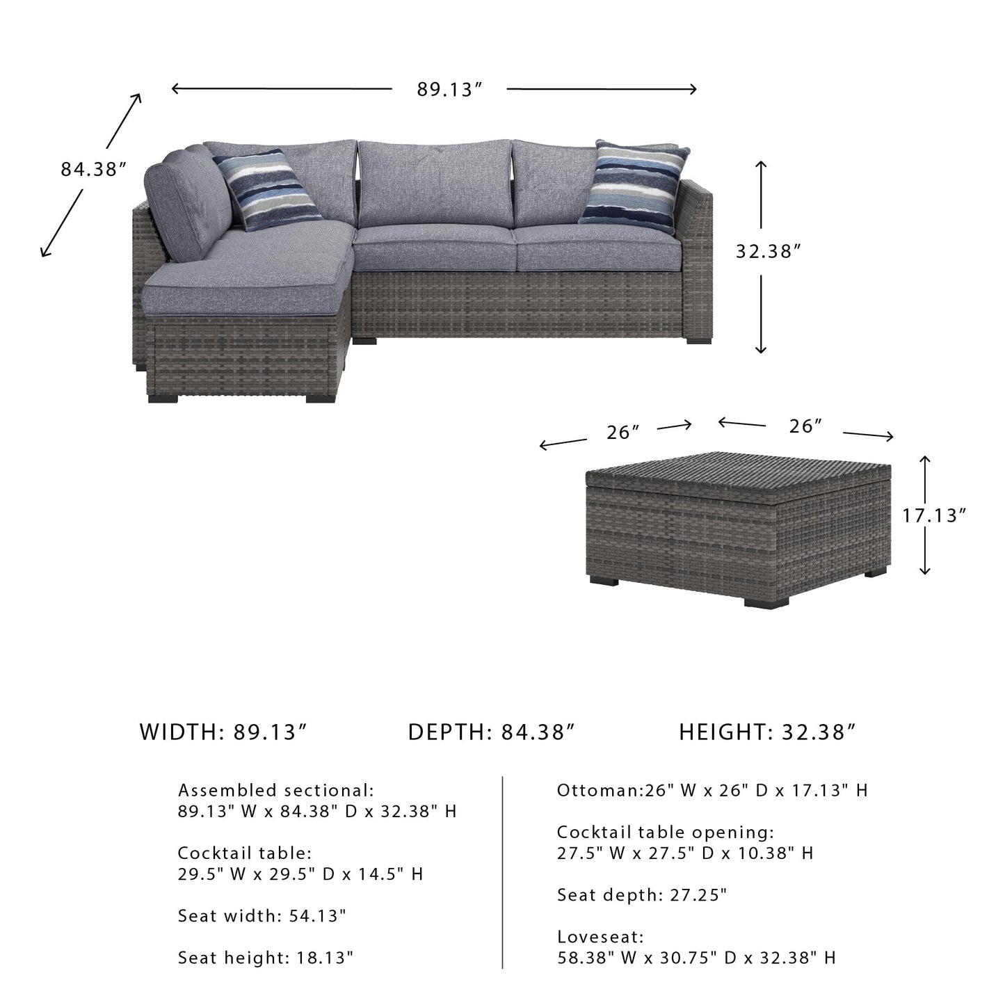 Signature Design by Ashley Petal Road Casual Nuvella Weather Resistant Fabric, Cushioned Outdoor Loveseat Sectional/Ottoman/Table Set with 2 Throw Pillows, Set of 4, Gray