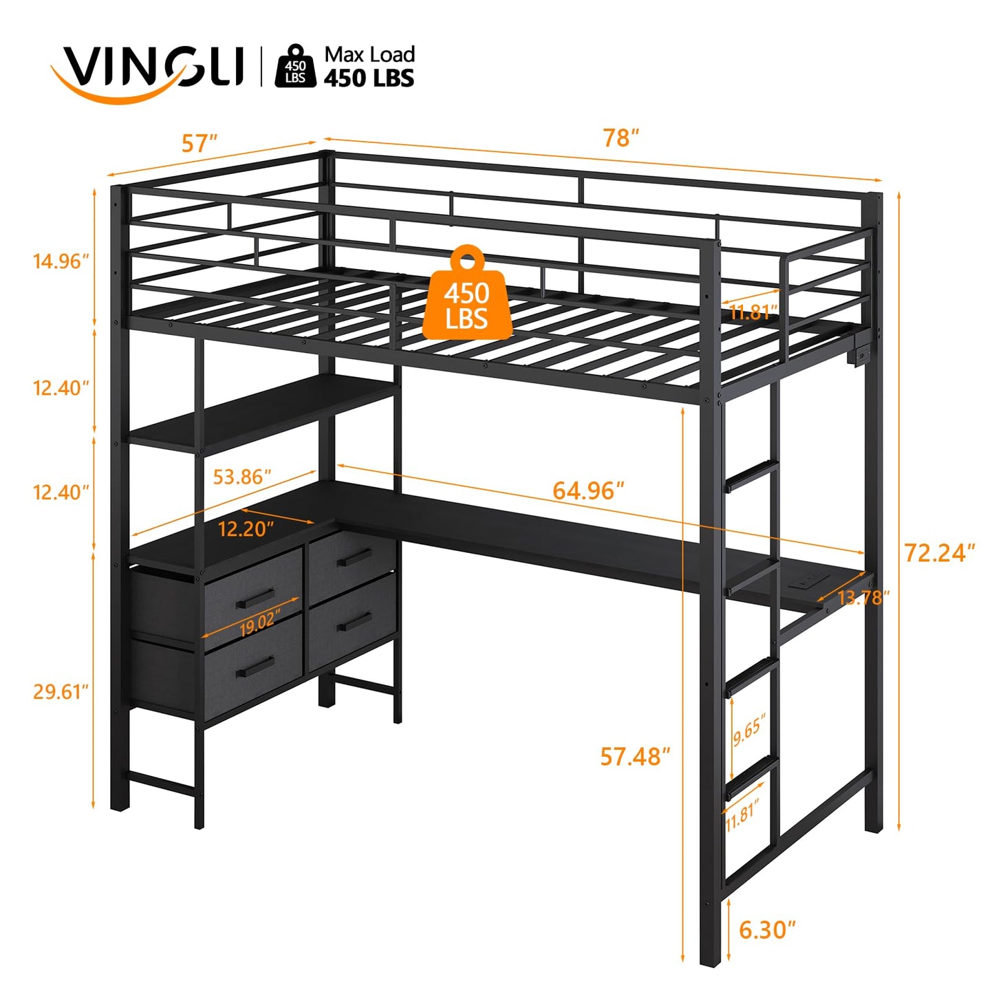 VINGLI Full Metal Loft Bed Frame with L-Shaped Desk, 15 Inches Guardrail, Non-Slip Ladder, 2 Charging Stations, Storage Shelves/4 Drawers/LED Lights, for Kids Teens Adults, No Box Spring Needed, Black