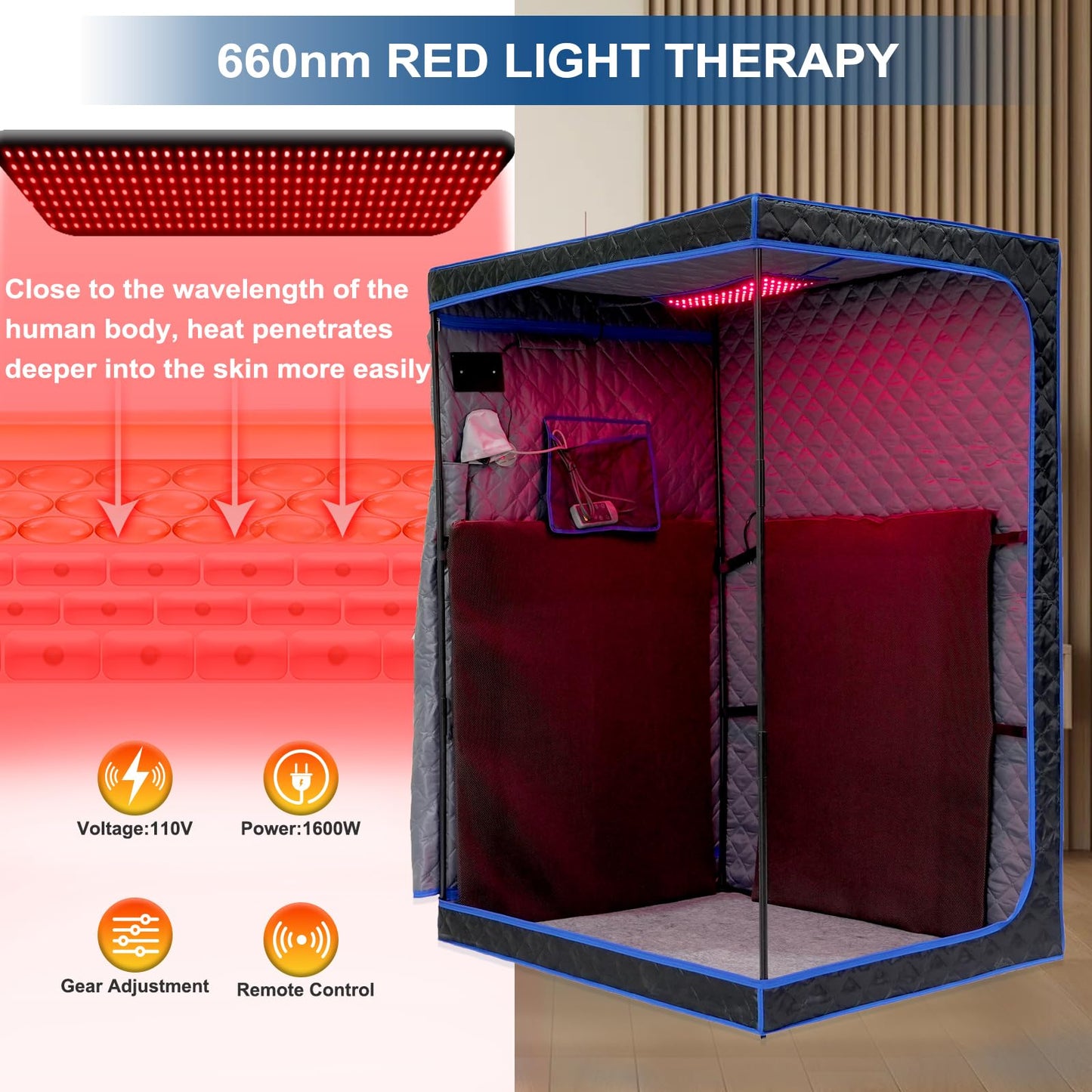 Smartmak Portable Infrared Sauna,1 or 2 Person Oversize Infrared Sauna Box with 660nm Red Light Therapy, Full Body Sauna Tent for Home, Folding Chair (Blue-2 Person)
