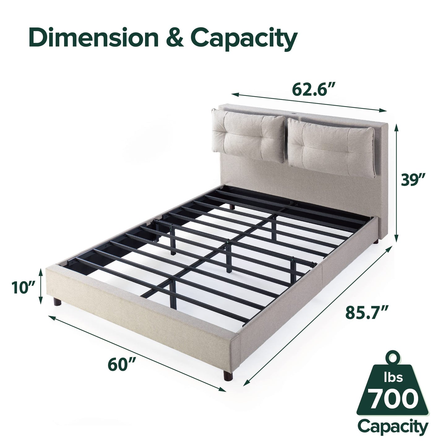 ZINUS Avery Platform Bed with Reclining Headboard and USB Ports, No Box Spring Needed, Cushioned Adjustable Headboard with Customizable Height, Easy Assembly, Beige, Queen