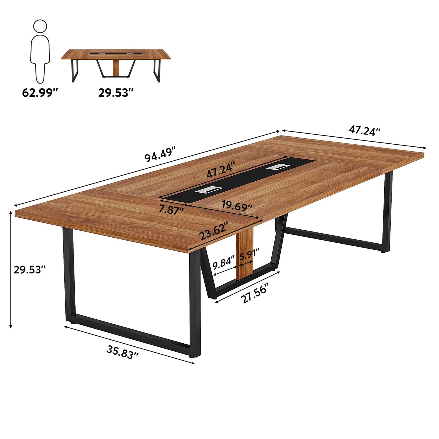 LITTLE TREE 8FT Conference Table for 10 People, Large Meeting Table, Modern Conference Room Tables with Cable Management, Training Tables with Strong Metal Legs for Office, Brown