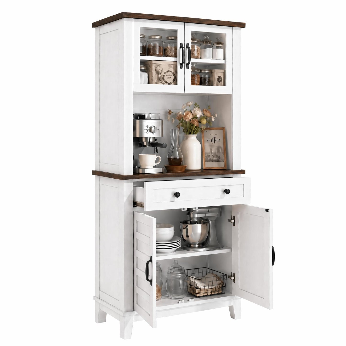 GarveeHome 72" Kitchen Pantry Storage Cabinet, Kitchen Hutch Cabinet with Storage, Microwave Stand with Drawers & Glass Doors, Pantry cabinets for Kitchen, Dining Room, Living Room, Light White