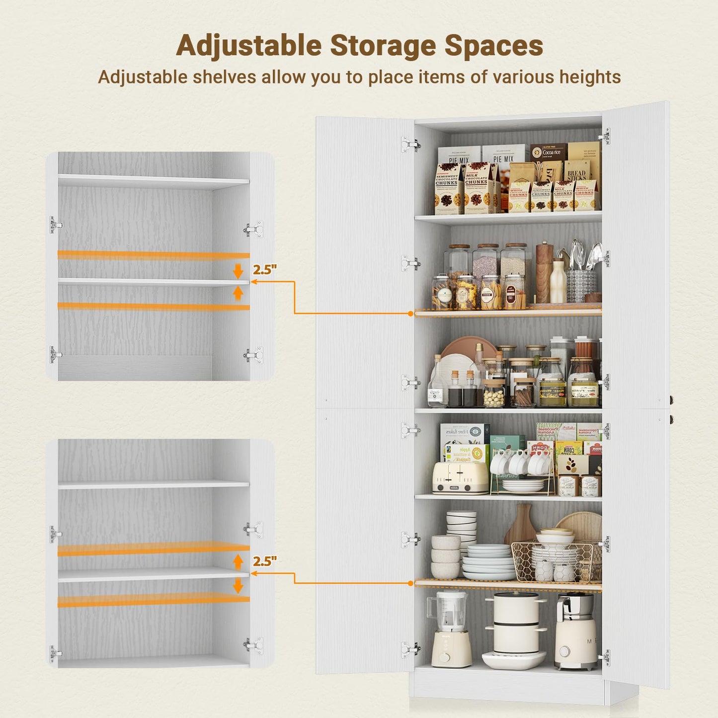 Cyclysio 80" Kitchen Pantry, Extra Tall Arch Storage Cabinet with 4 Soft Close Doors and Adjustable Shelves, Freestanding Wood Cupboard with Seamless Fit Wall for Dining Living Room Bathroom Furniture