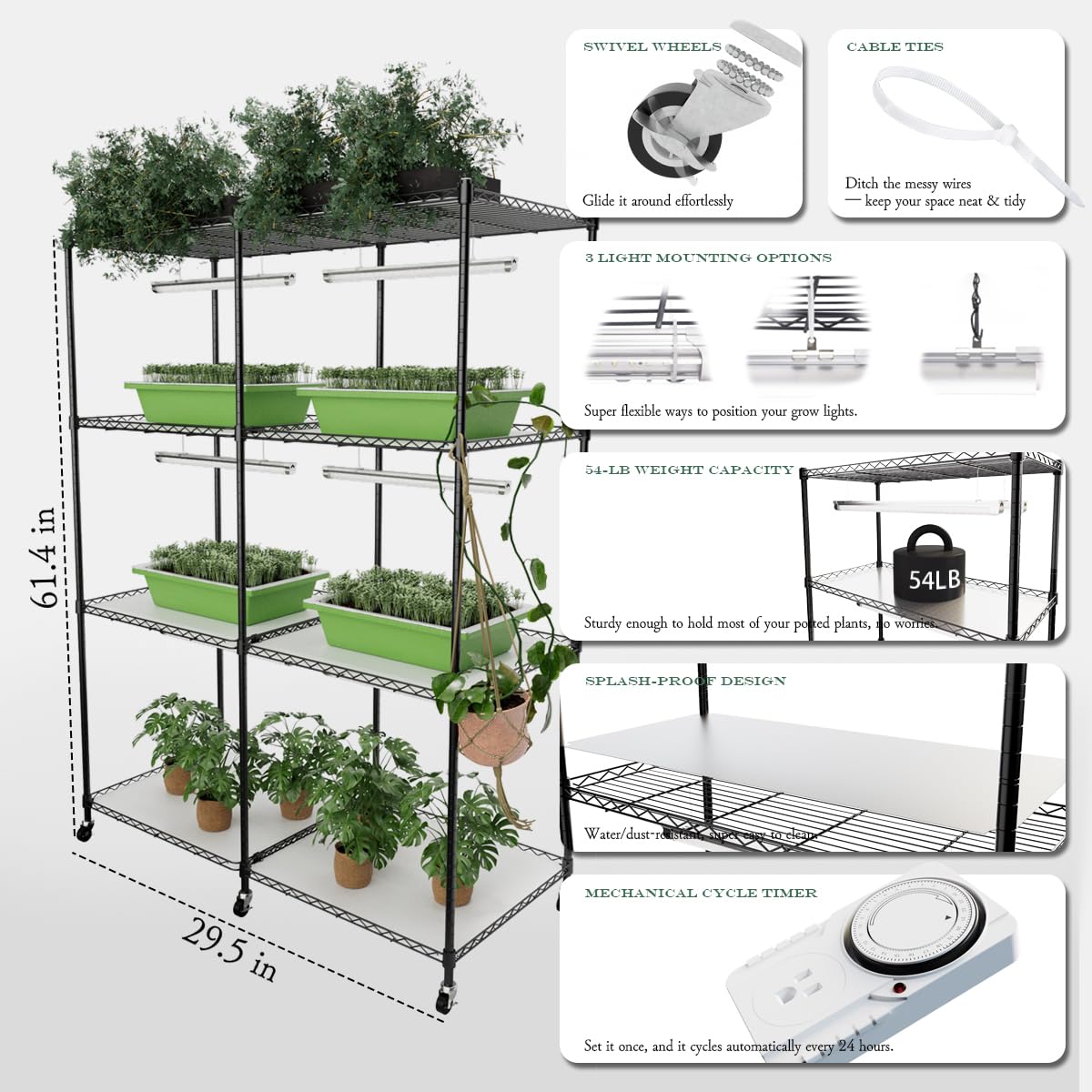 SQUEEZE master Double Grid Indoor Greenhouse with Grow Lights, Large 16-Tray Capacity for 1020 Trays & Heating Pads-Full Spectrum LED Plant Stand with 24H Timer & Rolling Casters