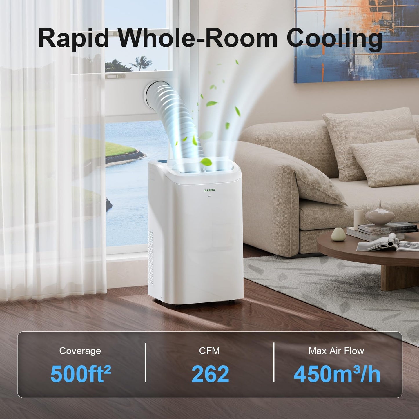 ZAFRO Portable Air Conditioner, 12050 BTU (8050 BTU SACC), Cools Rooms up to 500 Sq.Ft, Smart Portable AC Unit with Ultra-Quiet (44dB), Drainage-Free Cooling, Energy-Efficient, Easy Installation