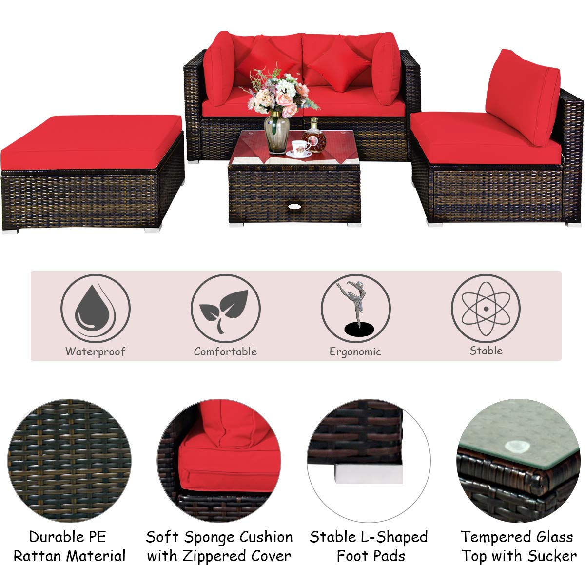 Tangkula 5 Pieces Patio Rattan Furniture Set, Outdoor Sectional Rattan Sofa Set with Back & Seat Cushions, Wicker Conversation Set with Tempered Glass Table for Backyard Porch Poolside (Red)
