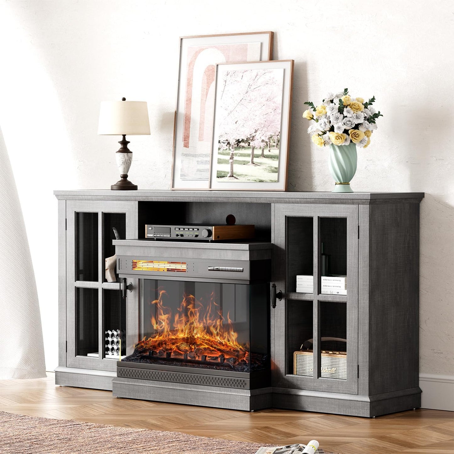 YESHOMY Glass Fireplace TV Stand for Televisions up to 65", Media Entertainment Center Console Table with Doors Closed Storage, Grey Wash