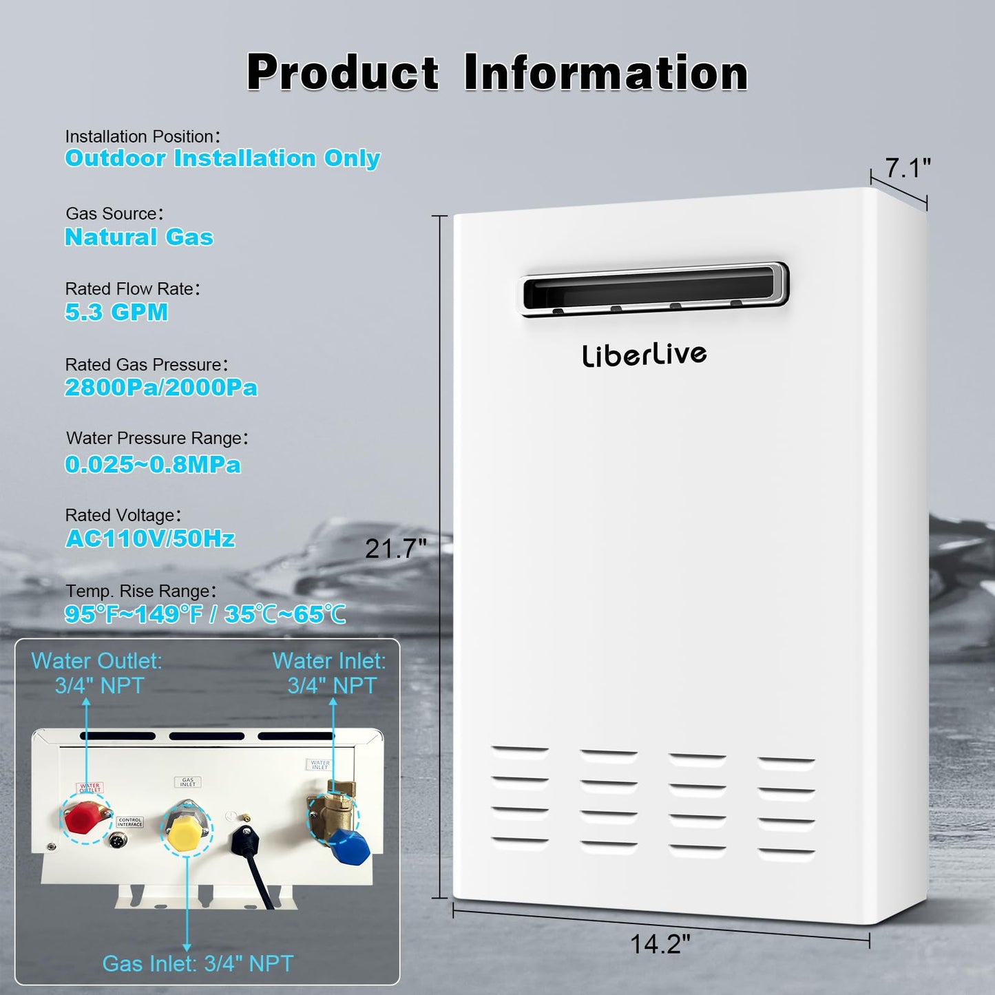 Natural Gas Tankless Water Heater, Outdoor Installation, Up to 5.3 GPM 130000 BTU On Demand Residential Natural Gas Instant Hot Water Heater Outdoor with Remote Controller, 110V,CSA Certificated,White